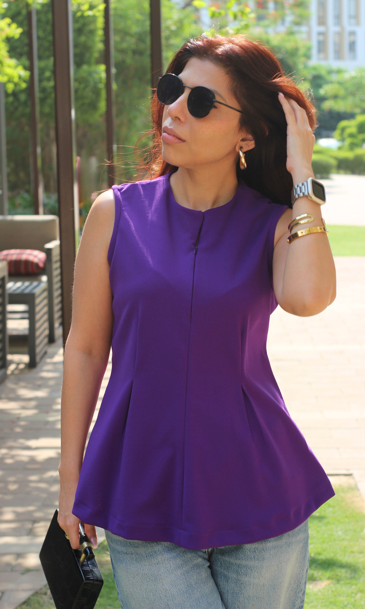 French Violet Sleek-Pleat Detail Top