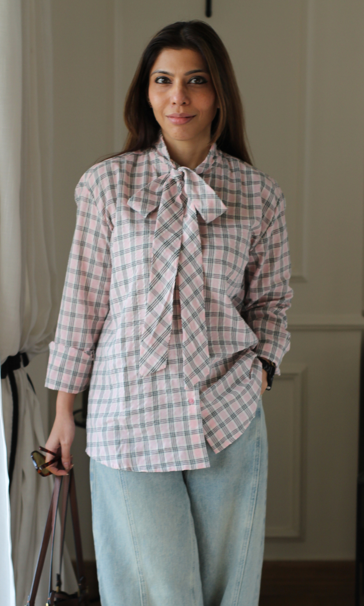 Ivory Pink Check Bow Tie Shirt