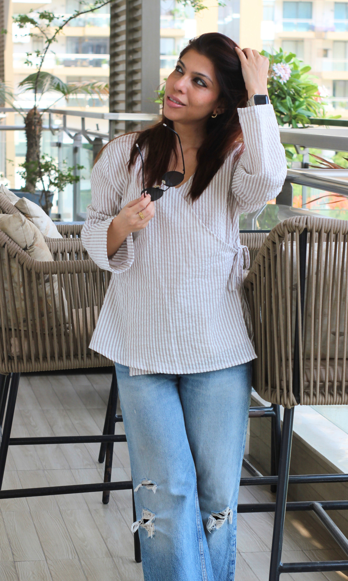 Beige Stripe Tie Detail Cotton Kimono Top