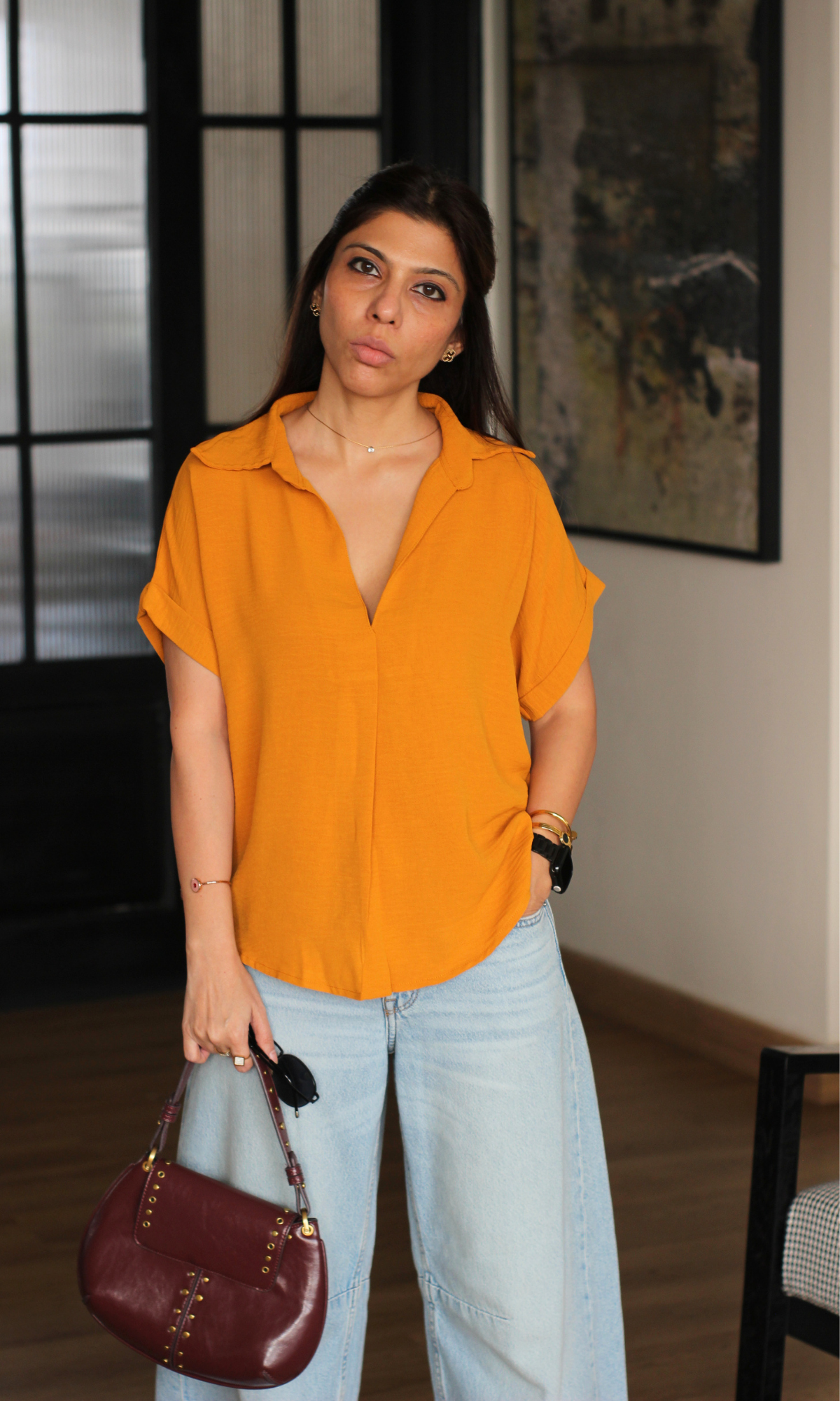 Burnt Caramel Gathered V-Neck Top
