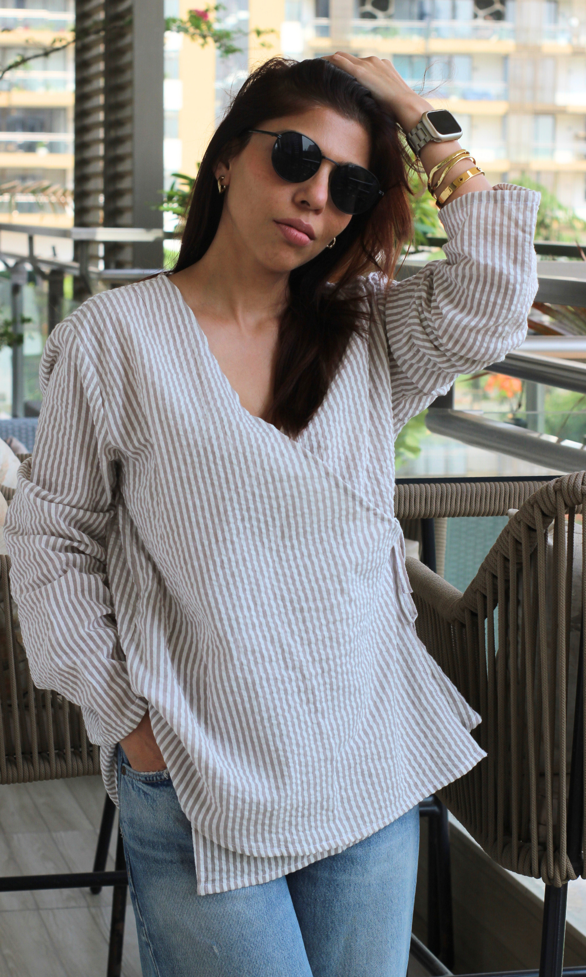 Beige Stripe Tie Detail Cotton Kimono Top