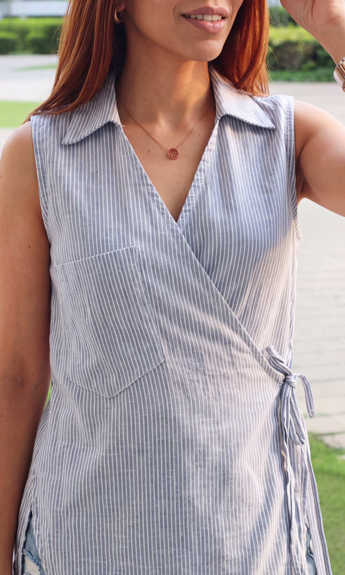 Blue Stripe Sleeveless Kimono Top