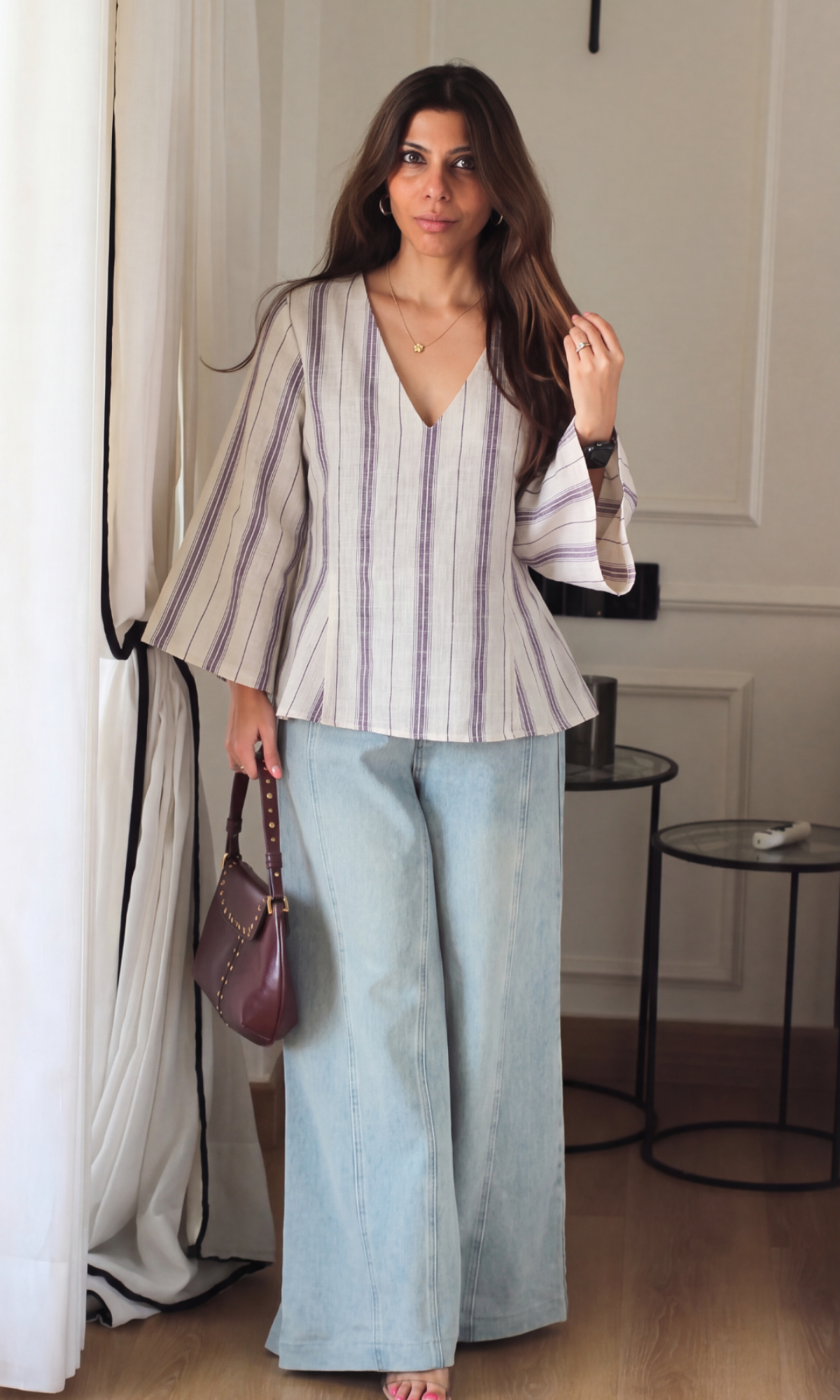 Ivory Stripe Linen V-Neck Peplum Top