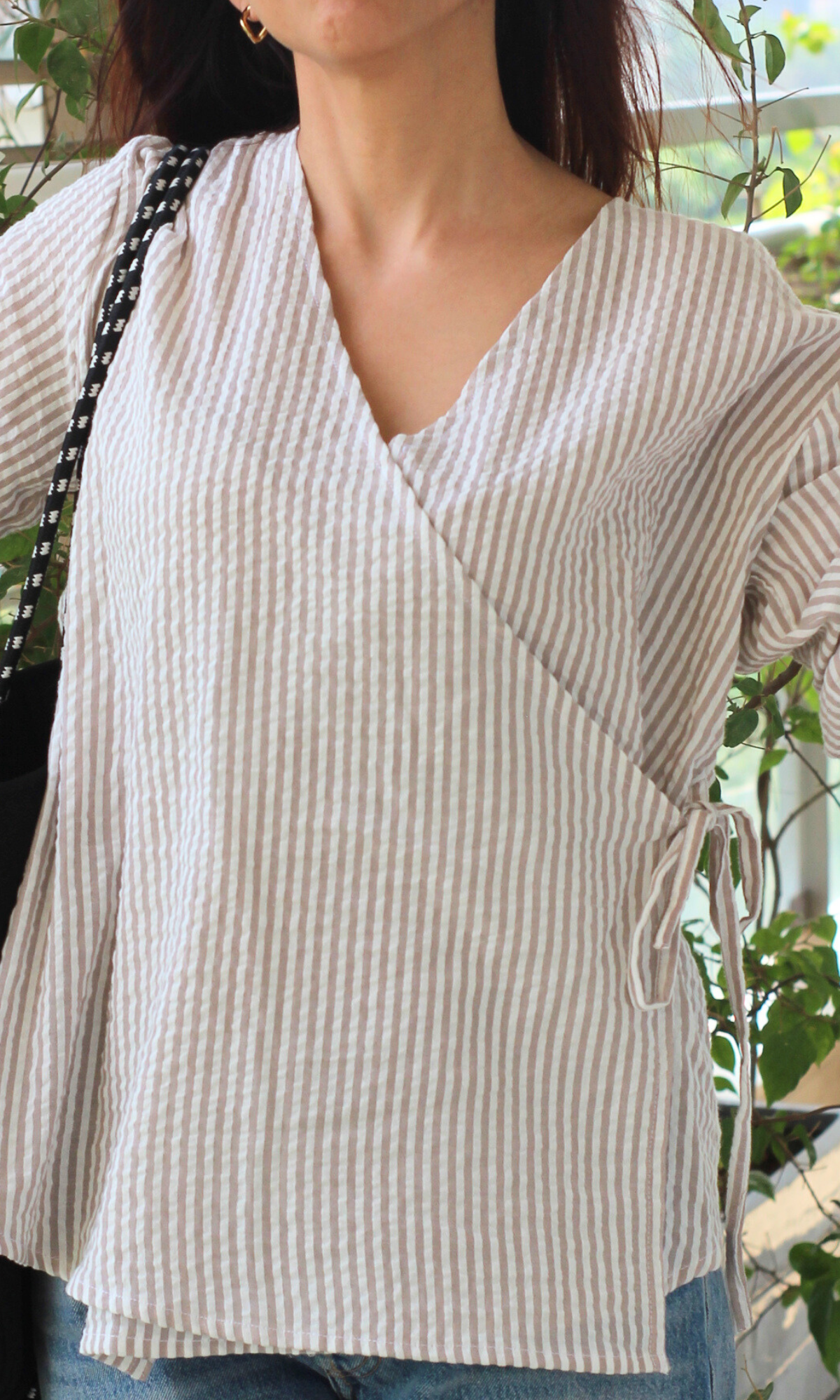 Beige Stripe Tie Detail Cotton Kimono Top