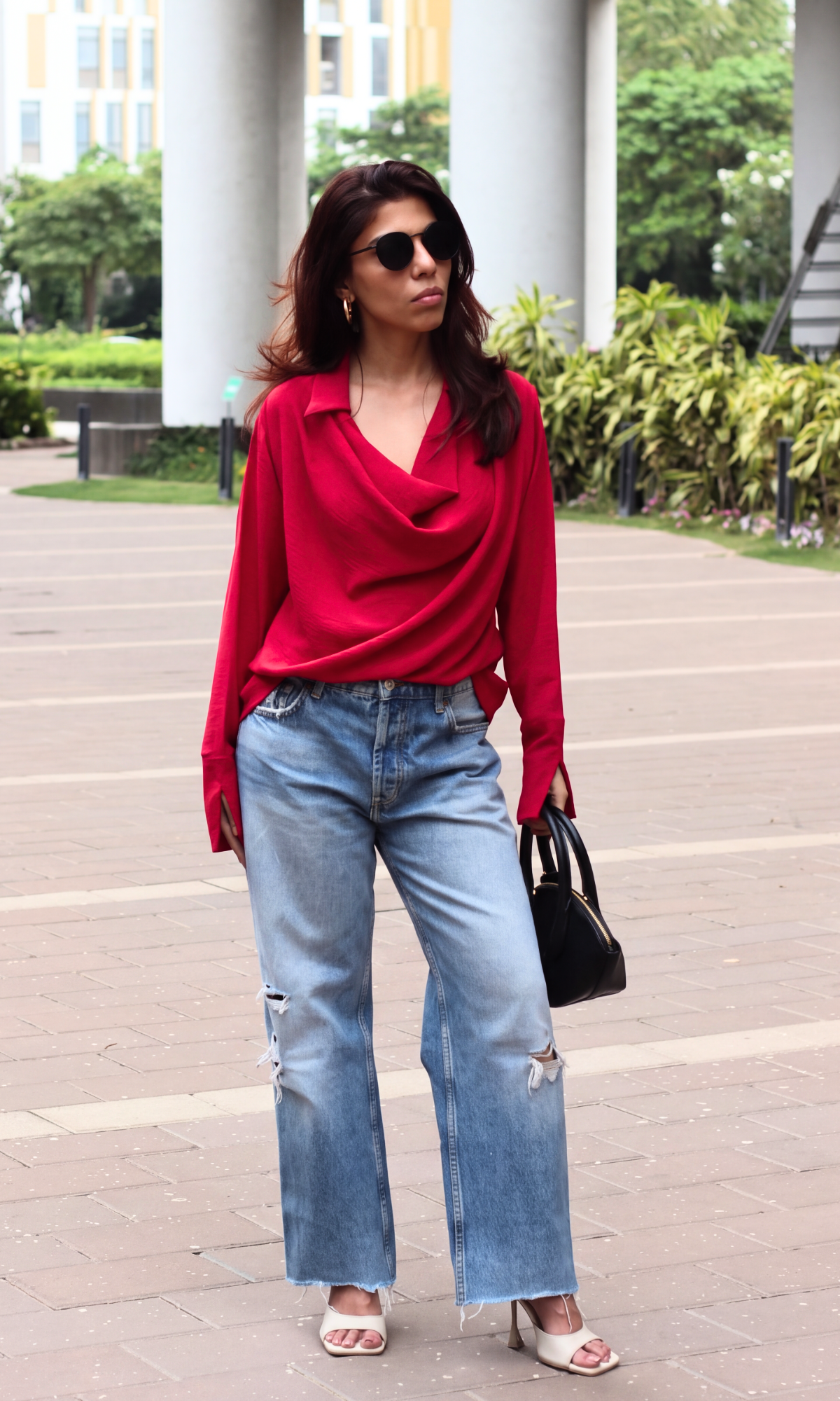 Crimson Collared Cowl Neck Top
