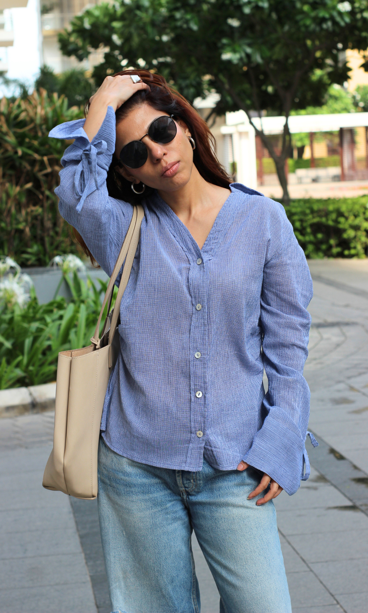 Blue Crinkled String Detail Cotton Shirt