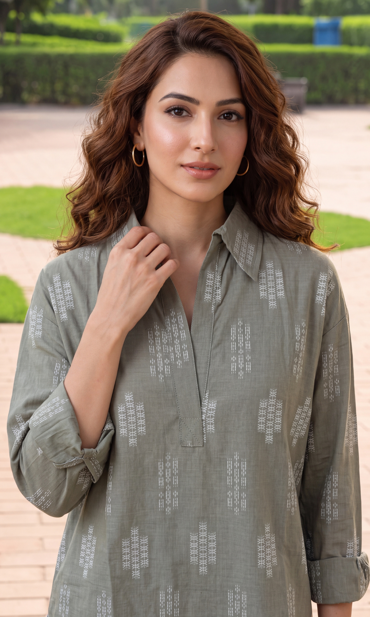 Sage Ikat Woven Popover Top