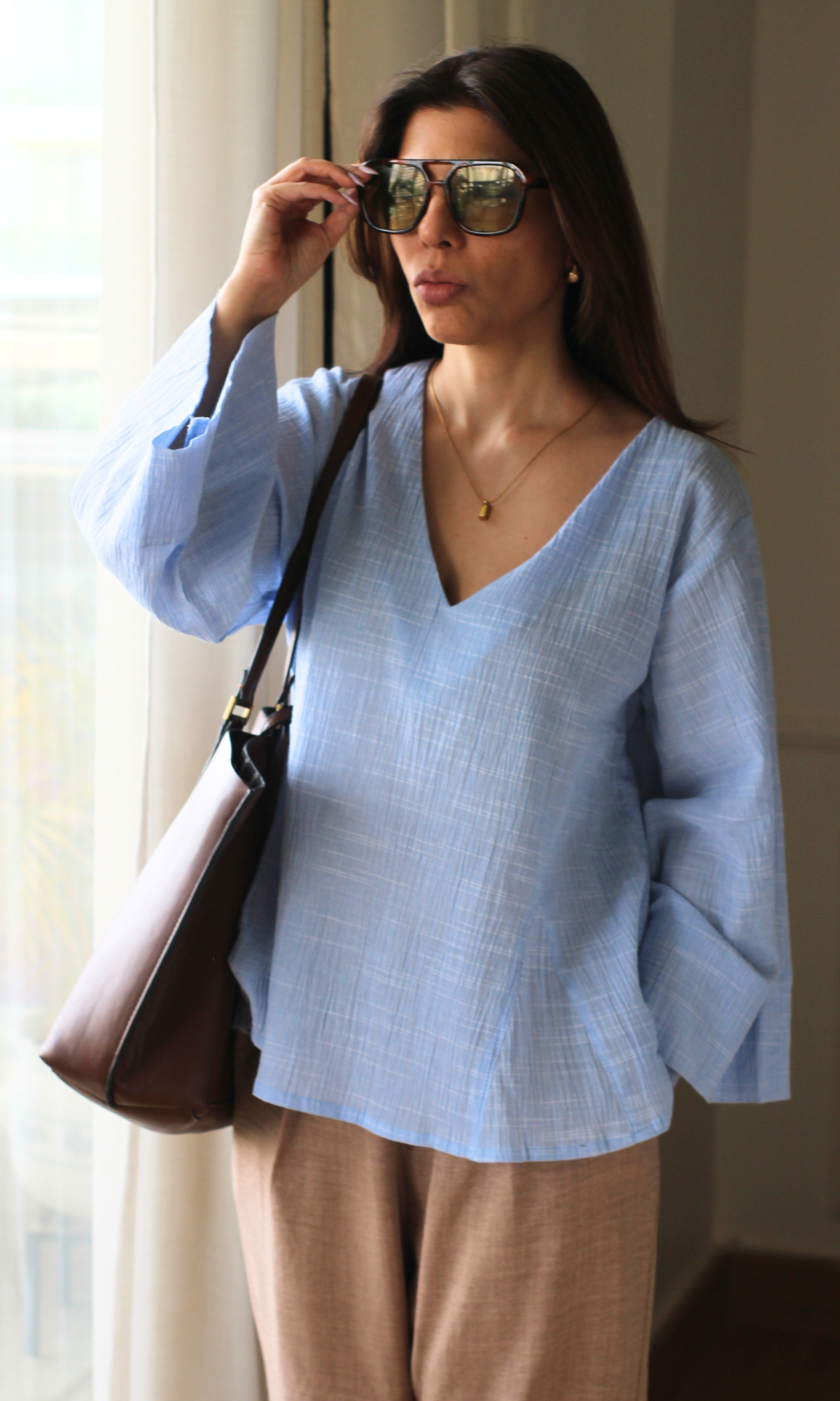 Powder Blue Textured V-Neck Top