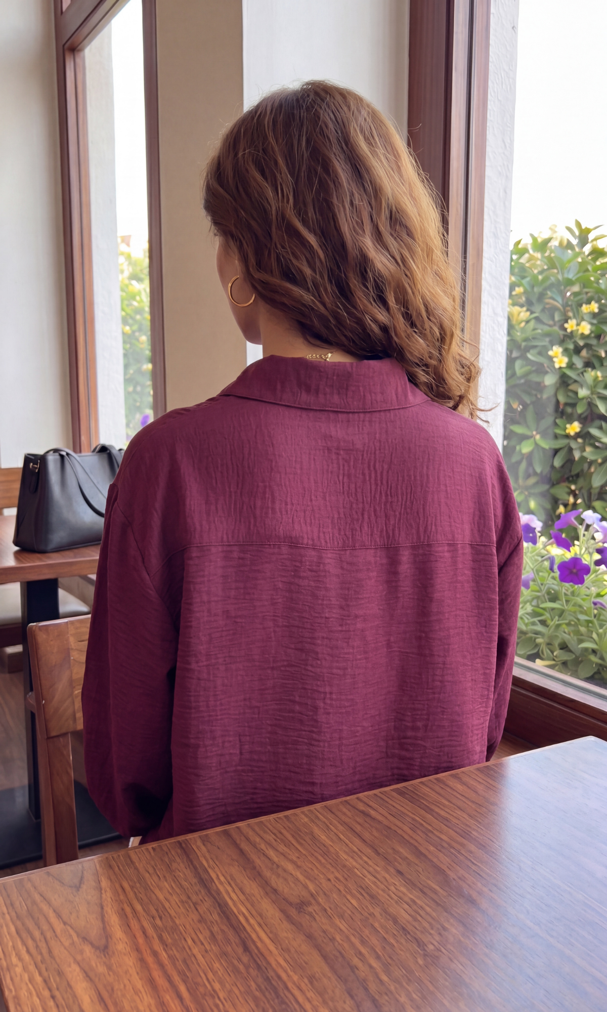 Wine Metallic Buttoned Balloon Sleeved Shirt