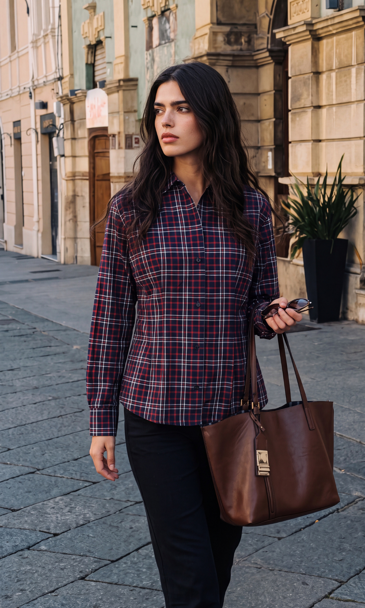 Red Tartan Peplum Pleated Shirt