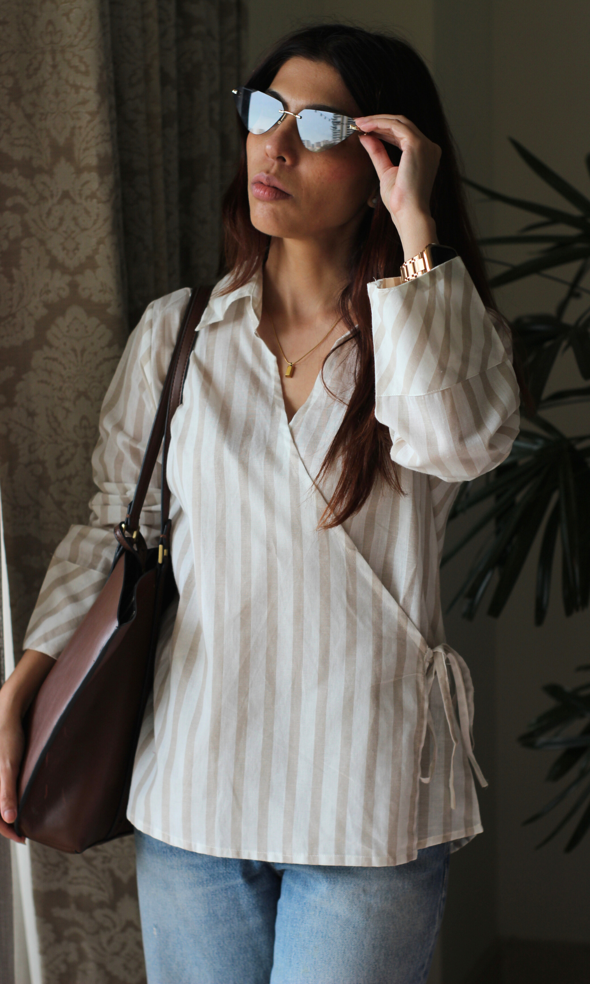 Taupe-White Collared Cotton Kimono Top