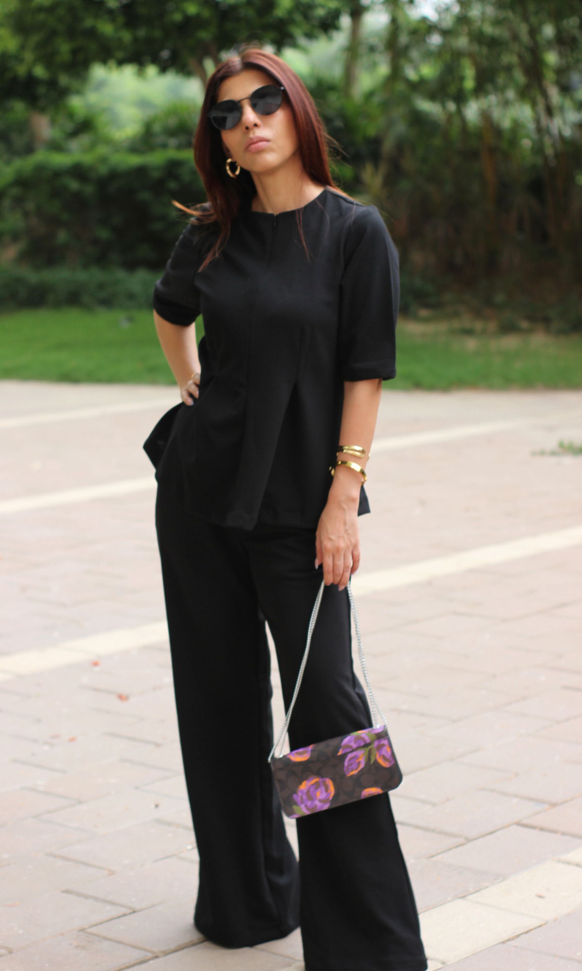 Black Sleeved Sleek-Pleat Detail and Flared Pants Co-ord