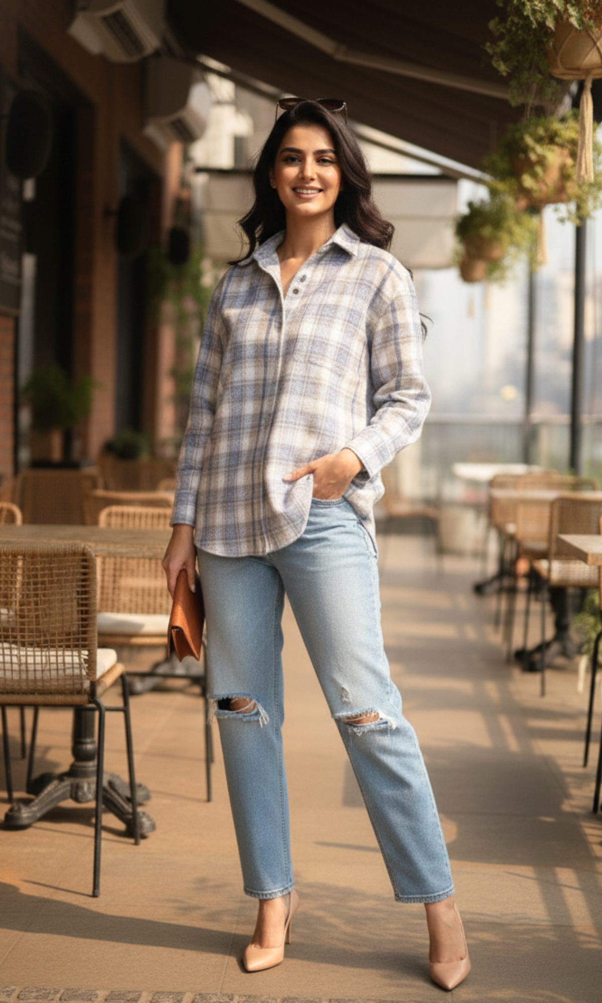Woman wearing a blue and beige checked shirt paired with light blue ripped jeans, standing outdoors at a café