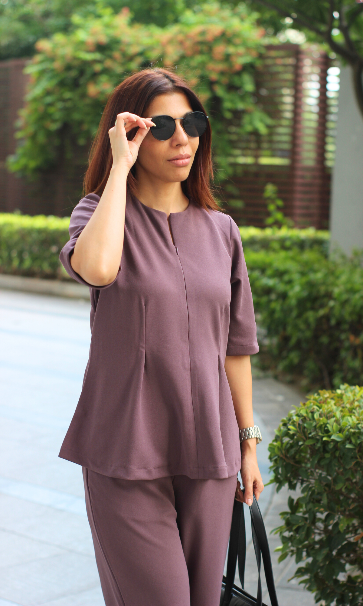 Viola Purple Sleeved Sleek-Pleat Detail and Flared Pants Co-ord