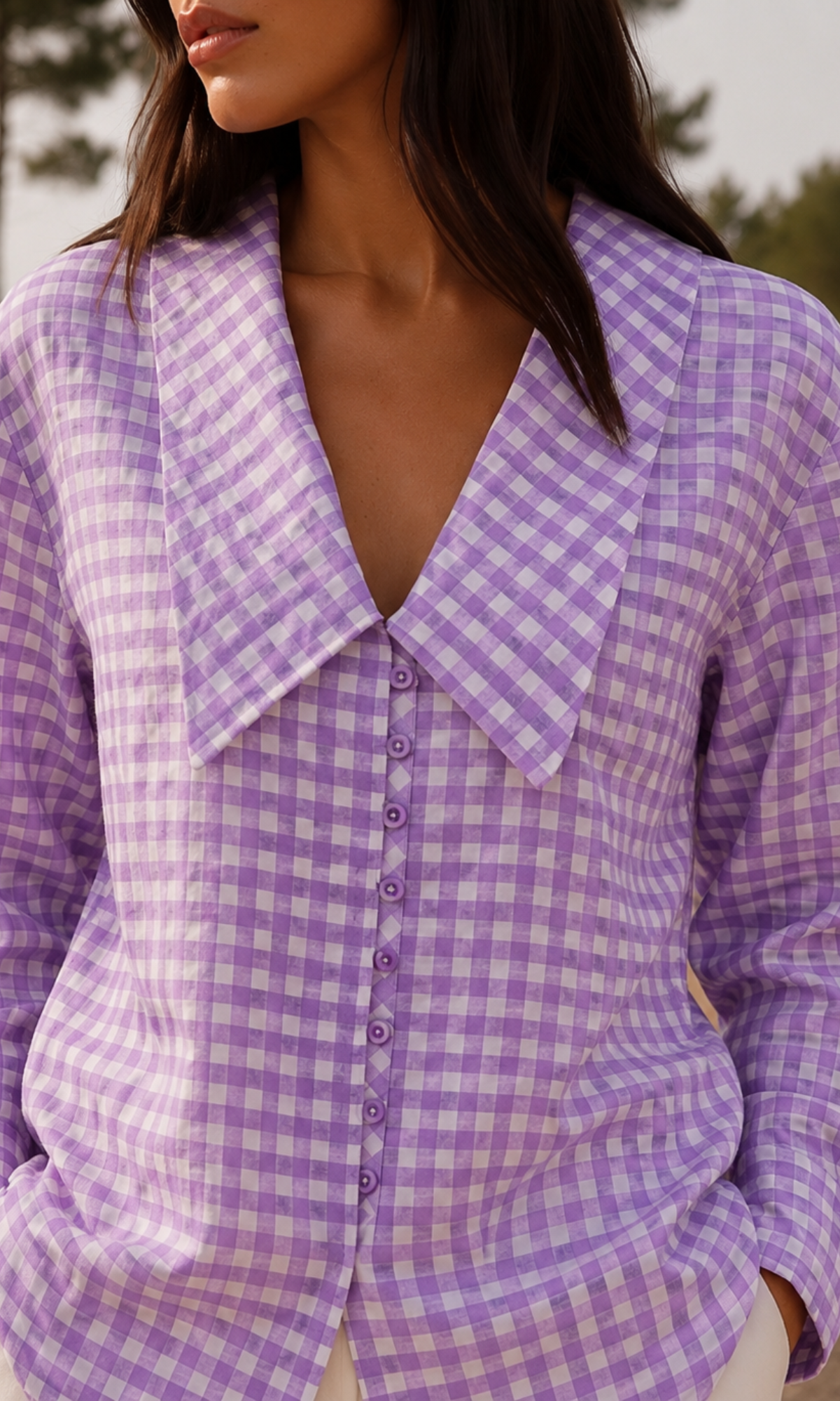 Lilac Gingham Oversized Collar Shirt