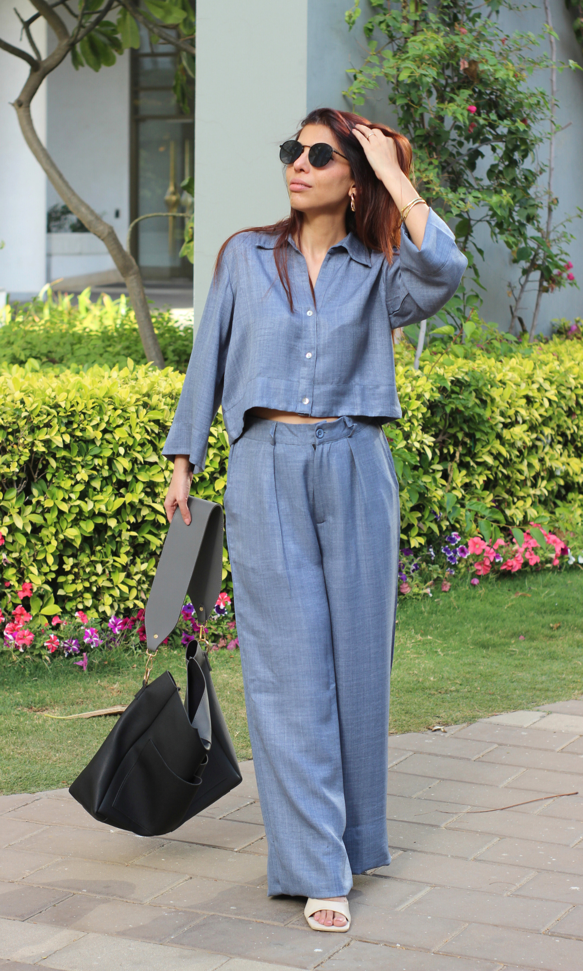 Dusk Blue Cropped Shirt with Loose Pants Co-ord