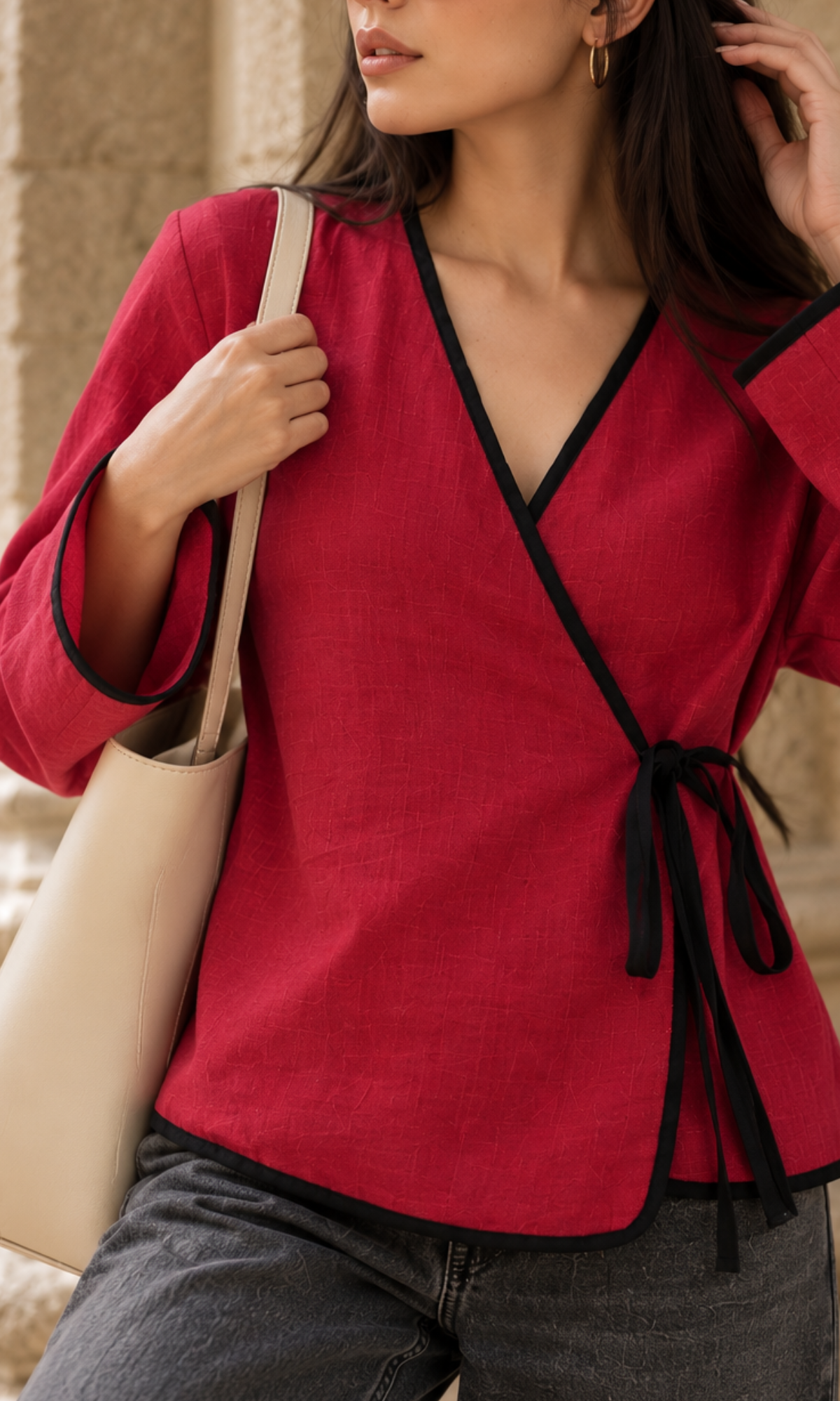 Watermelon Contrast-Trim Tie Kimono Top