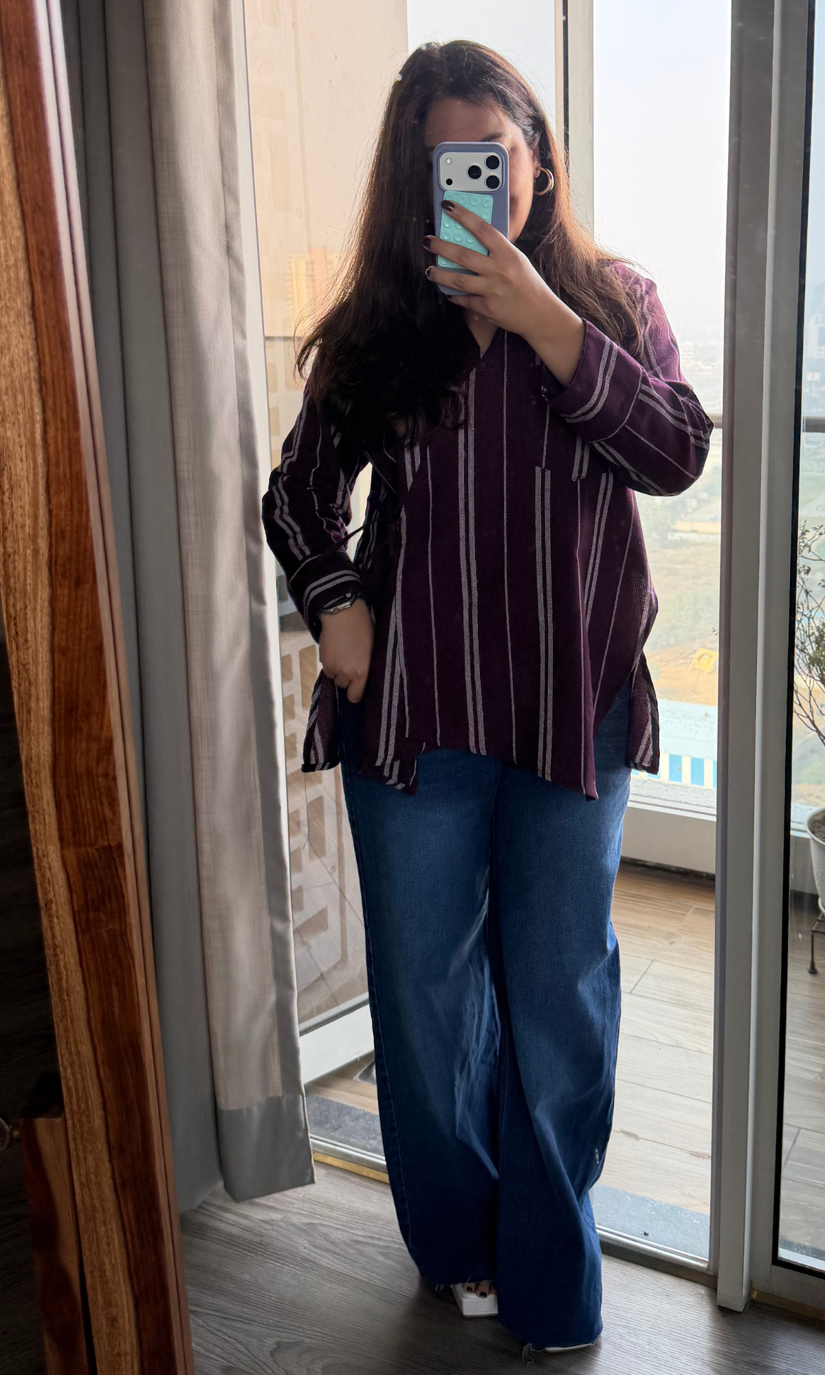 Wine Parallel Weaved Cuts Detail Kimono Top
