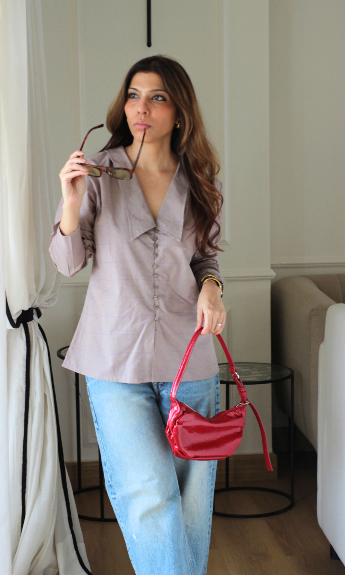 Rosewood Windowpane Oversized Collared Shirt