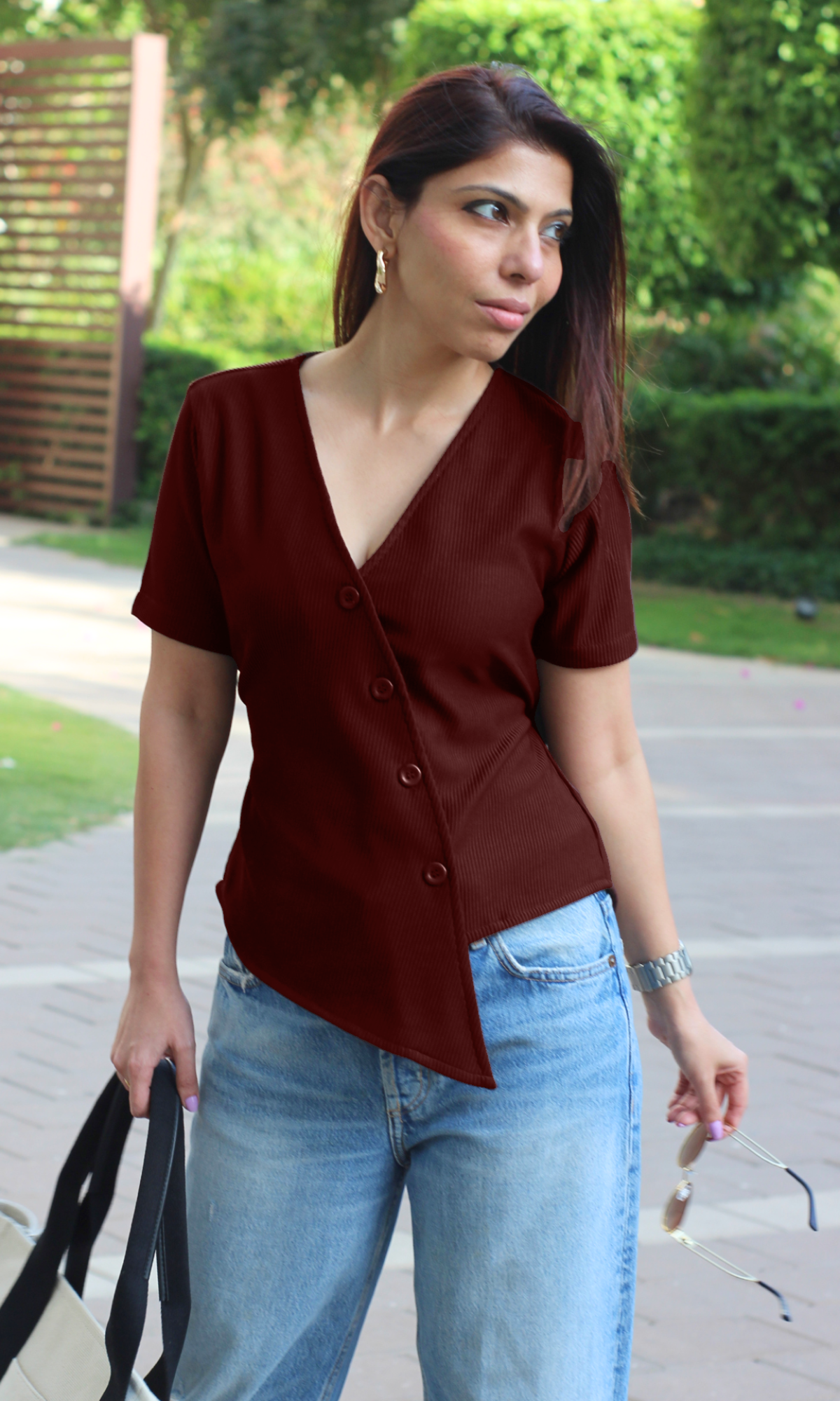 Wine Ribbed Side-Cut Sleeved Waist Coat
