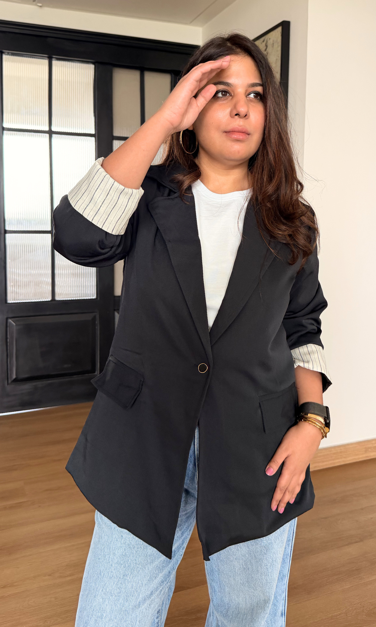 Navy Contrast Sleeve Blazer