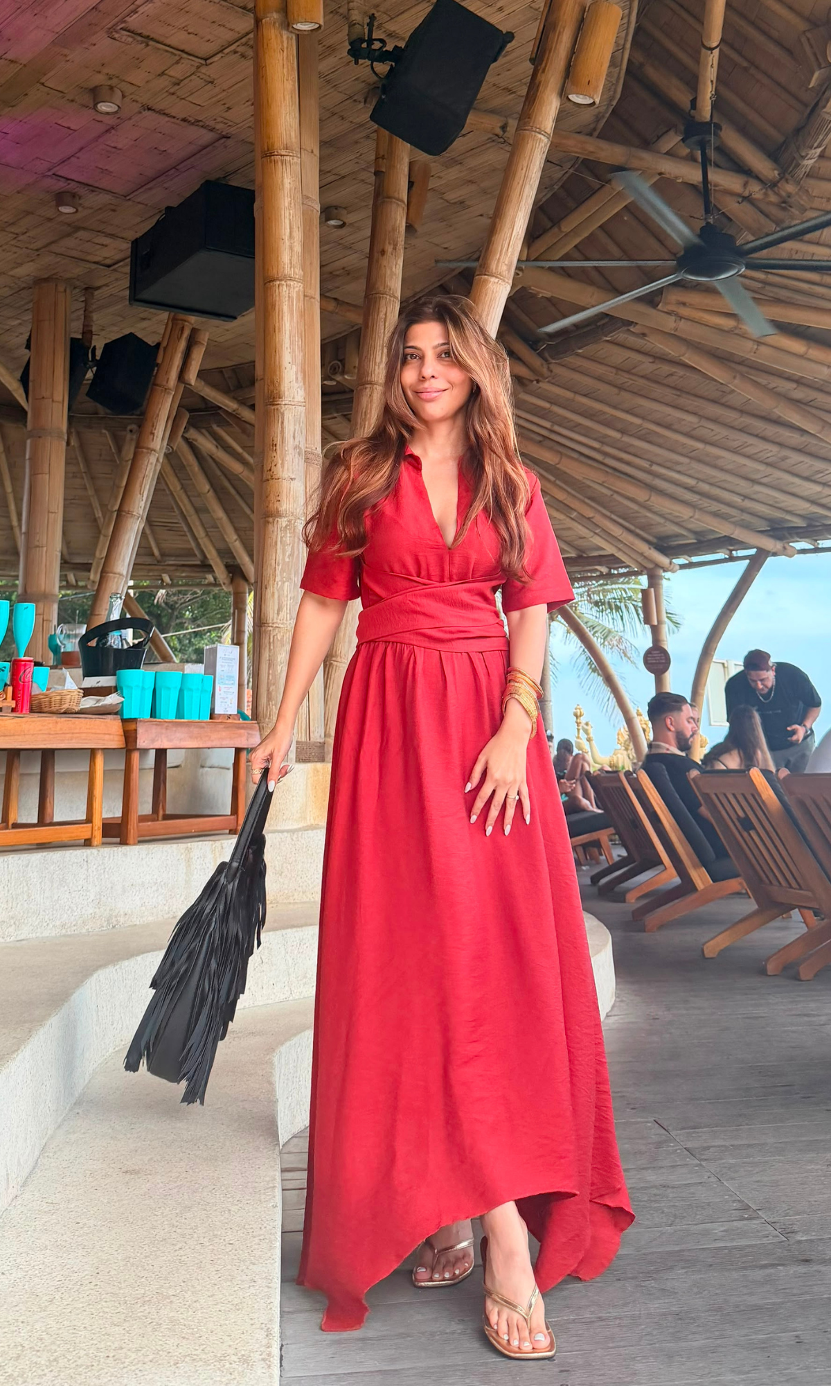 Red Half Sleeve Handkerchief Hem Dress