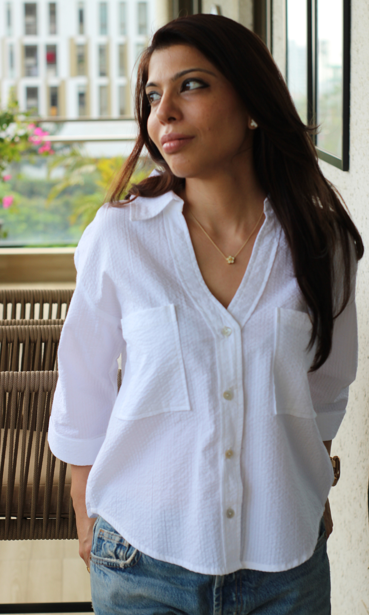 White Self-Striped Cotton Cropped Shirt