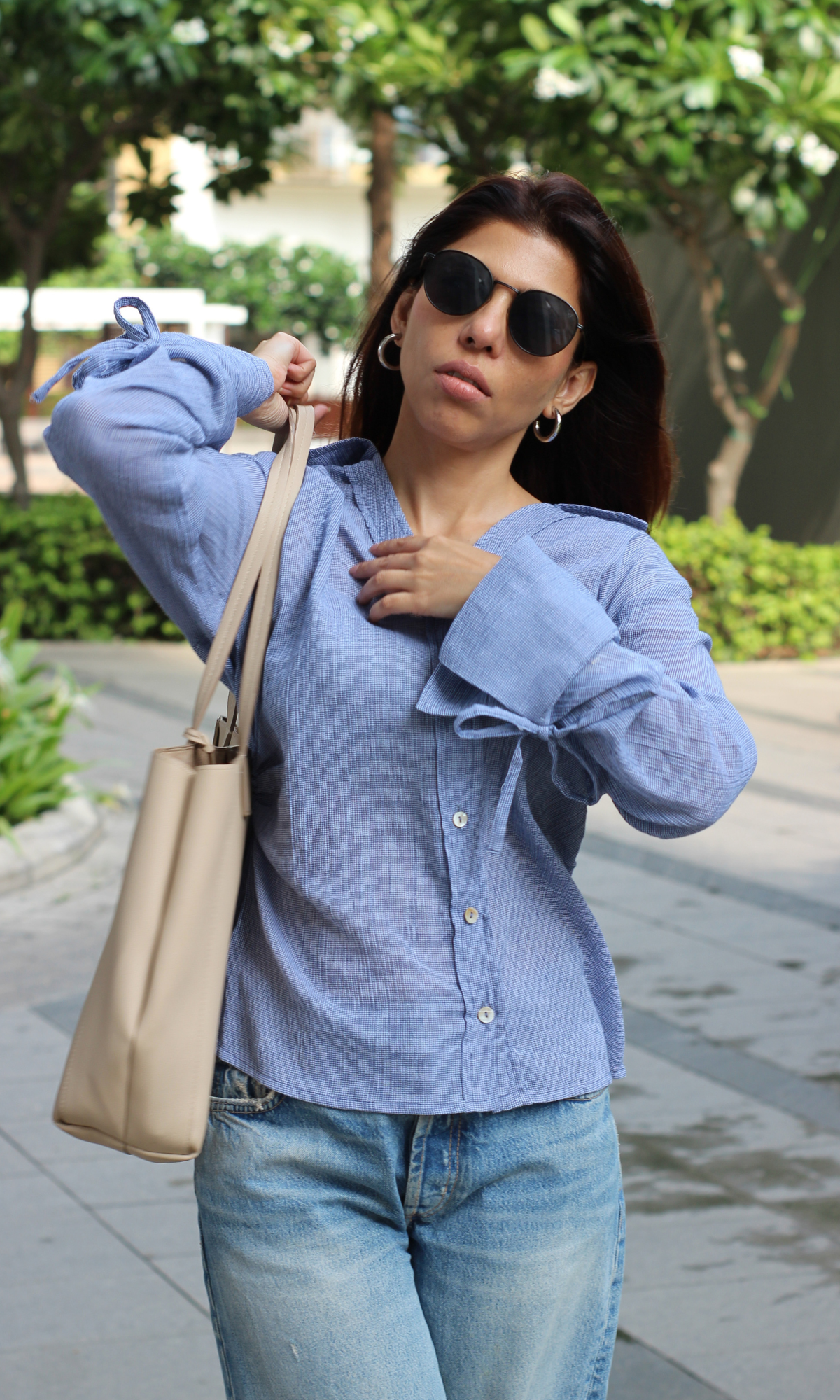 Blue Crinkled String Detail Cotton Shirt