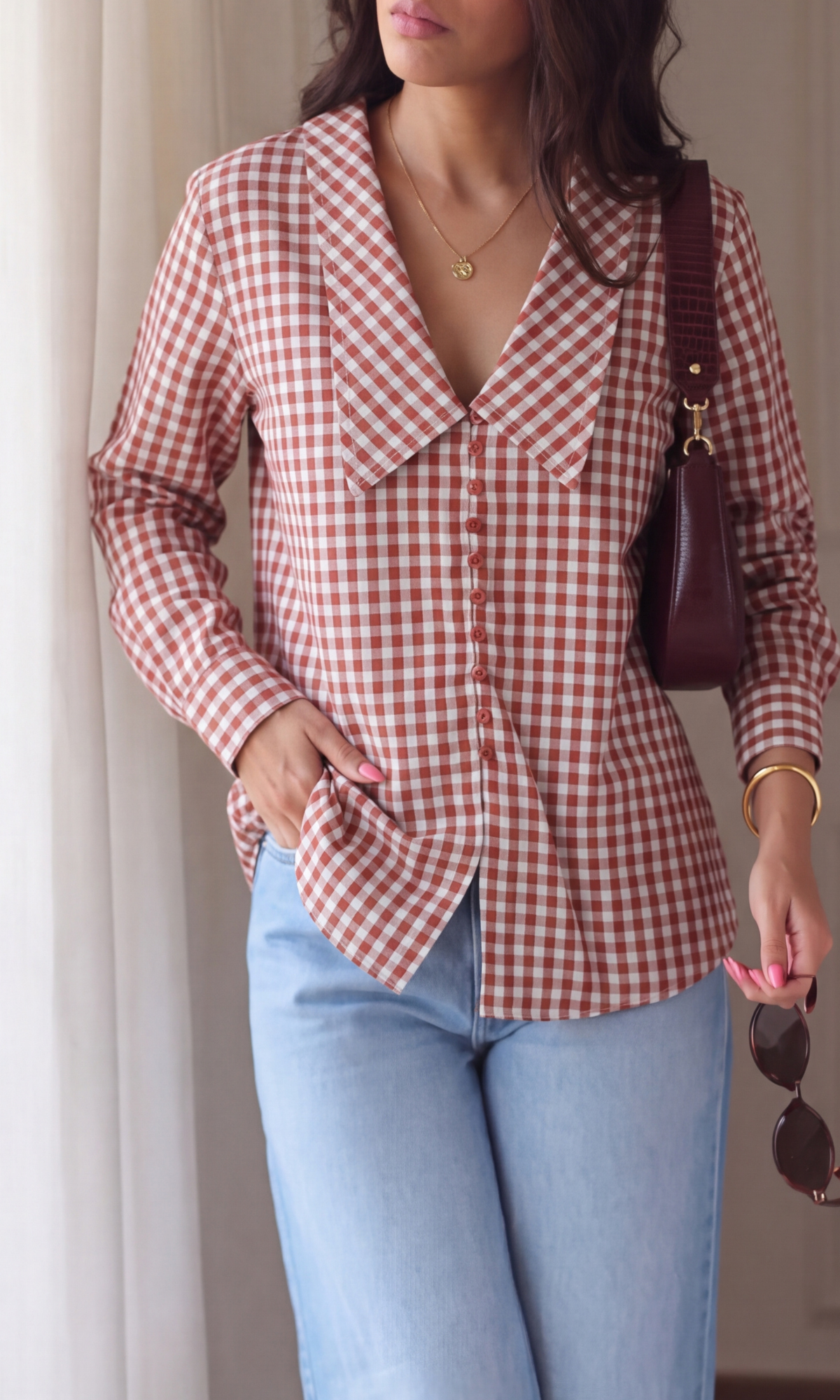 Red White Gingham Oversized Collar Shirt