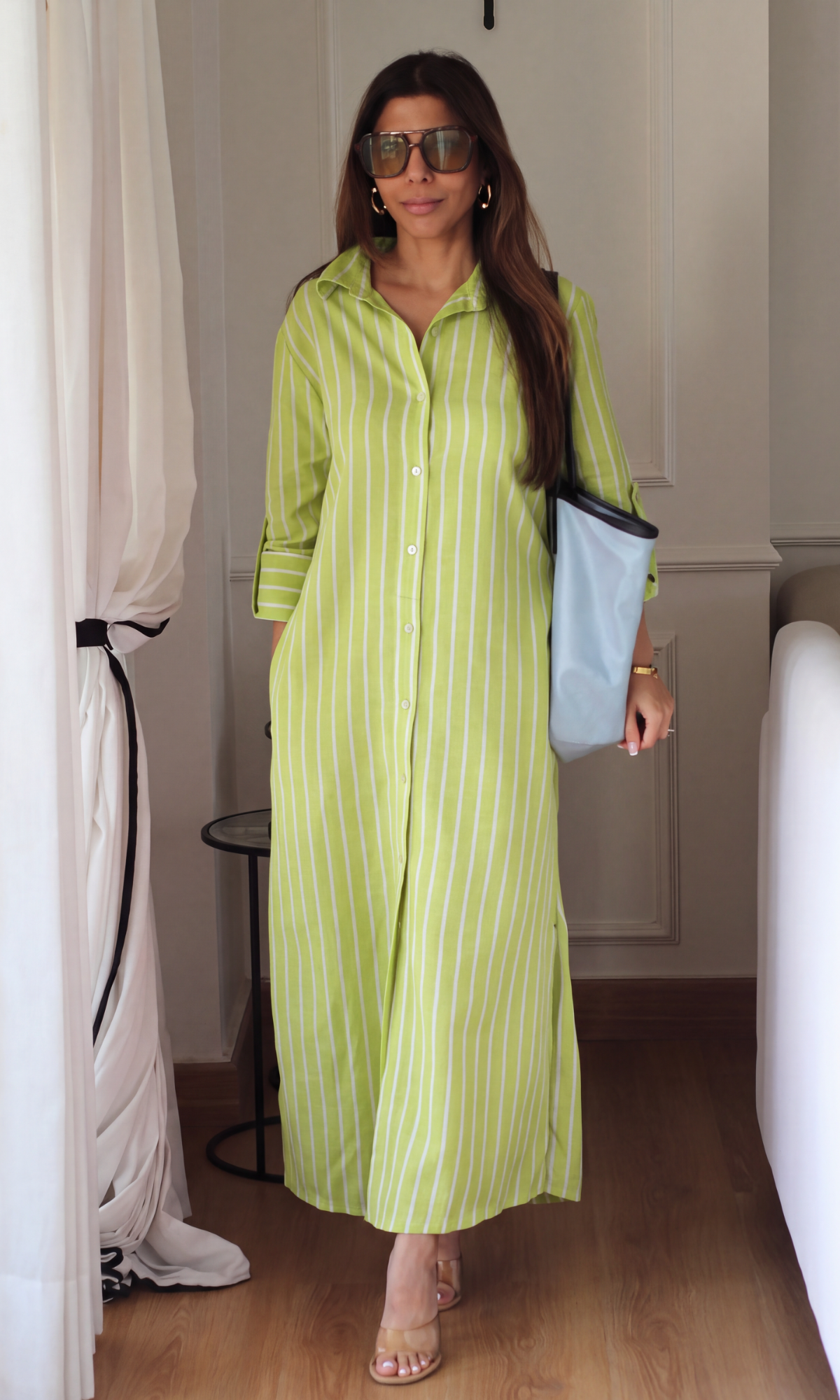 Lime Stripe Cotton Shirt-Dress