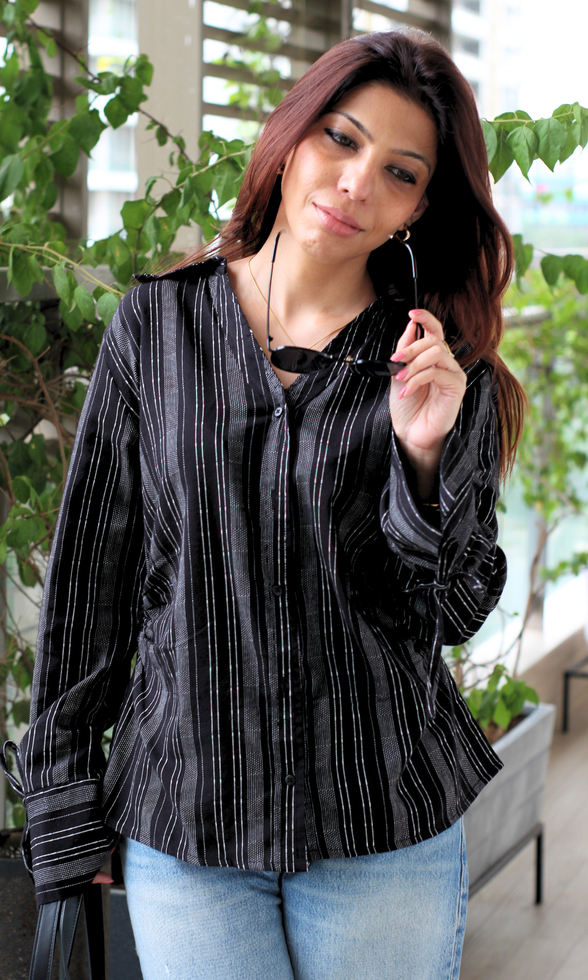 Black Striped String Detail Cotton Shirt