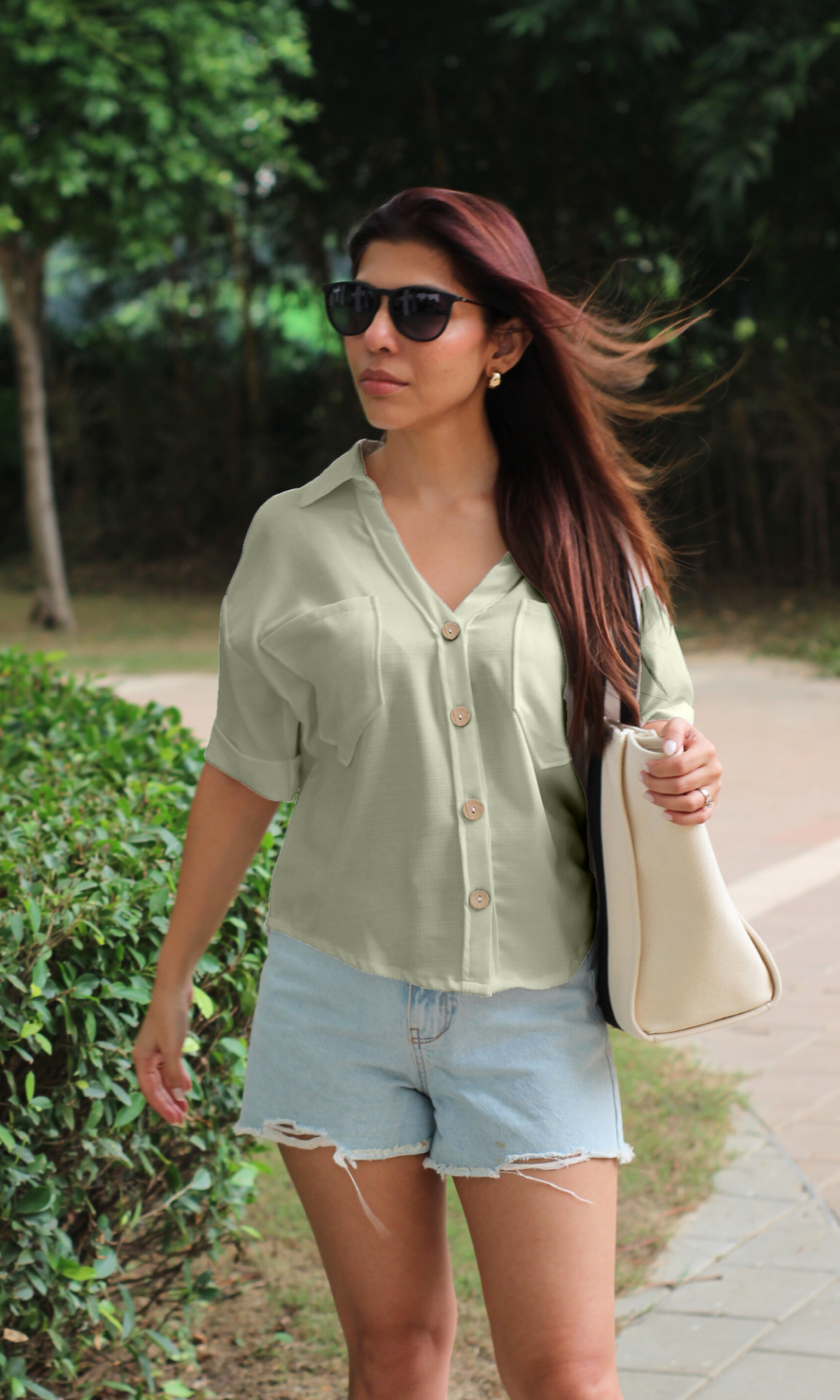 Sage Green Textured Cropped Shirt