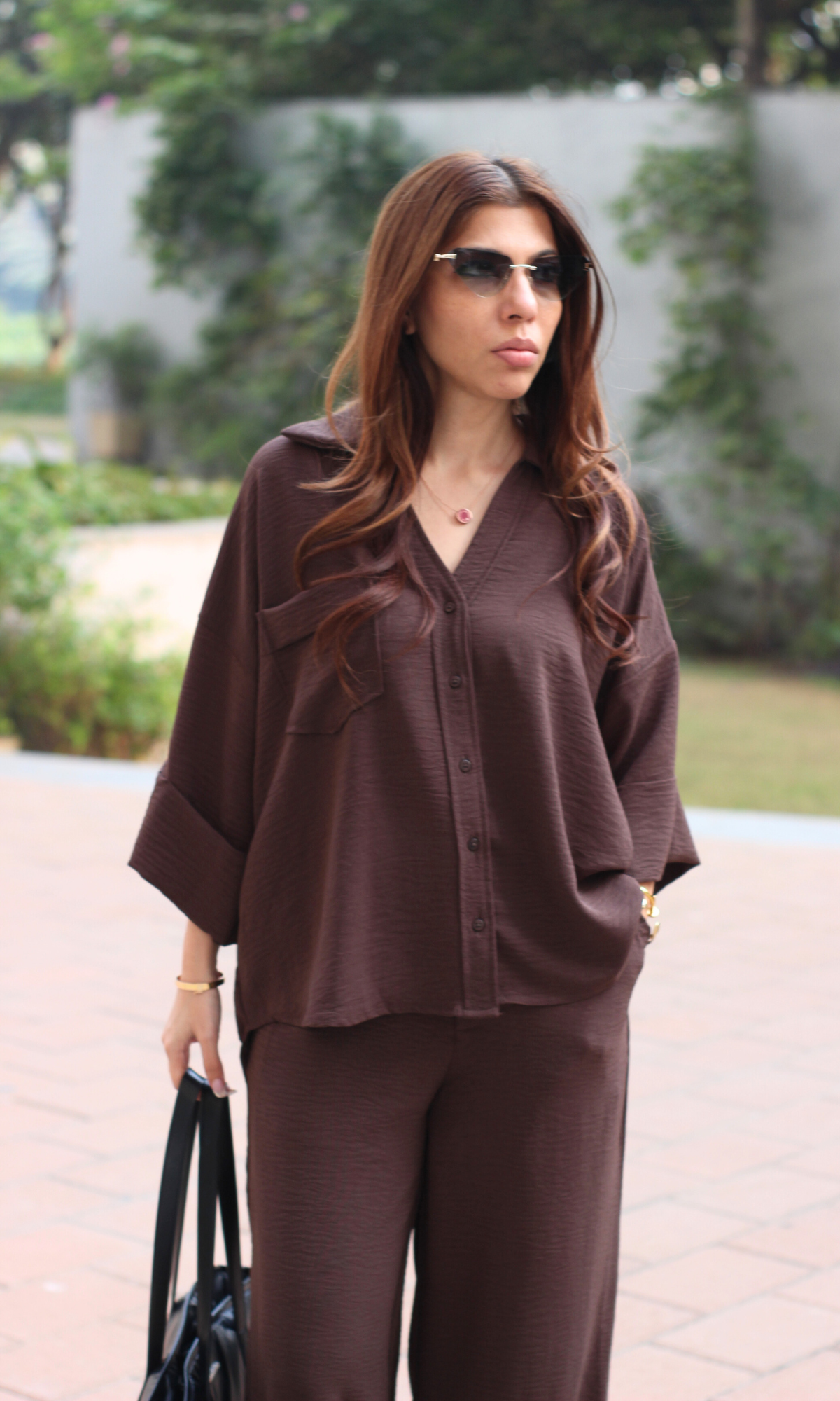 Dark taupe loose shirt and pants co-ord set for women — relaxed fit