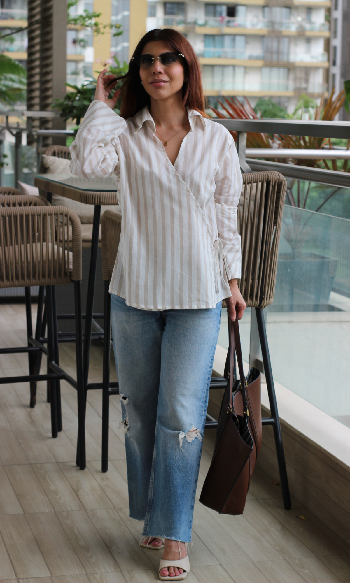 Taupe-White Collared Cotton Kimono Top