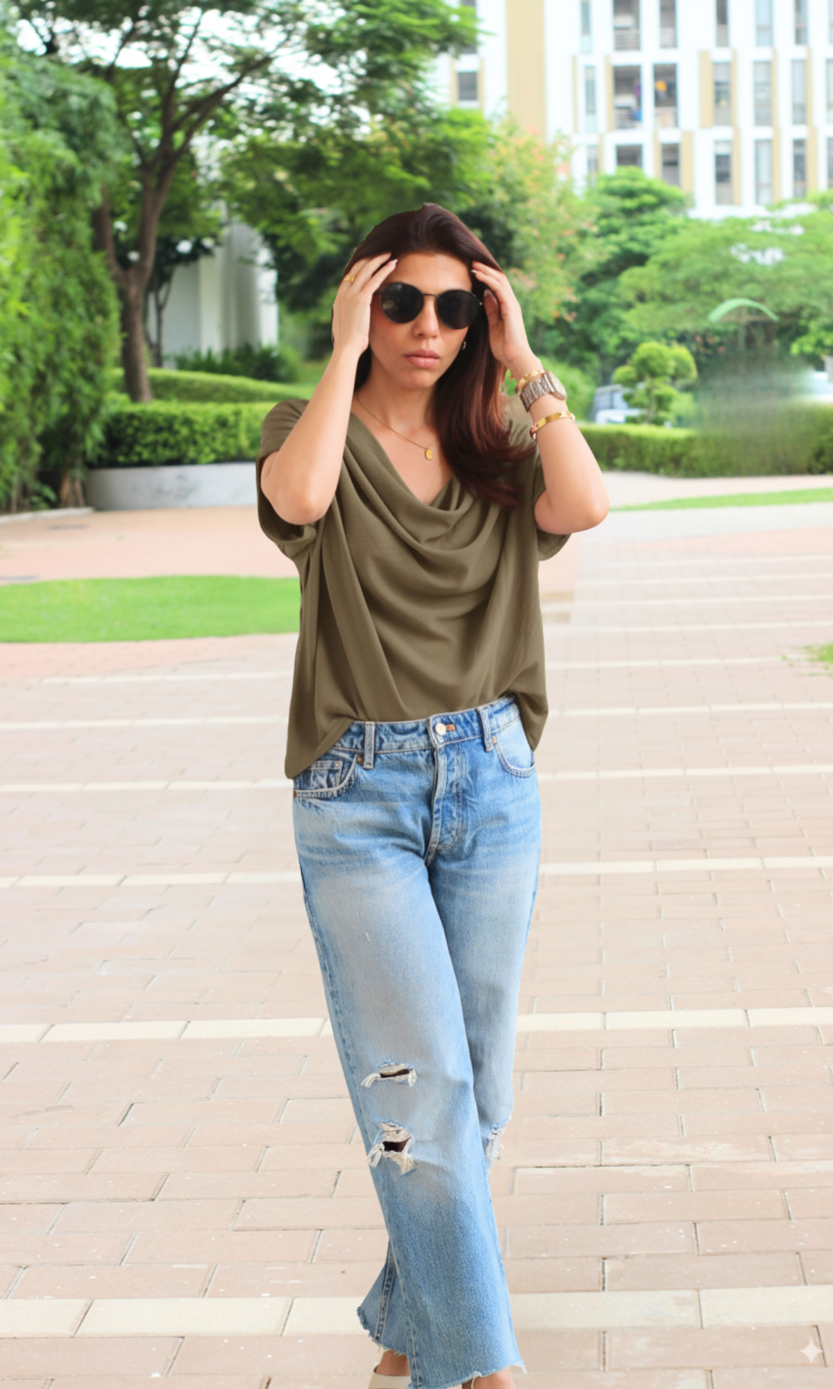 Olivine Flowing Cowl Neck Top