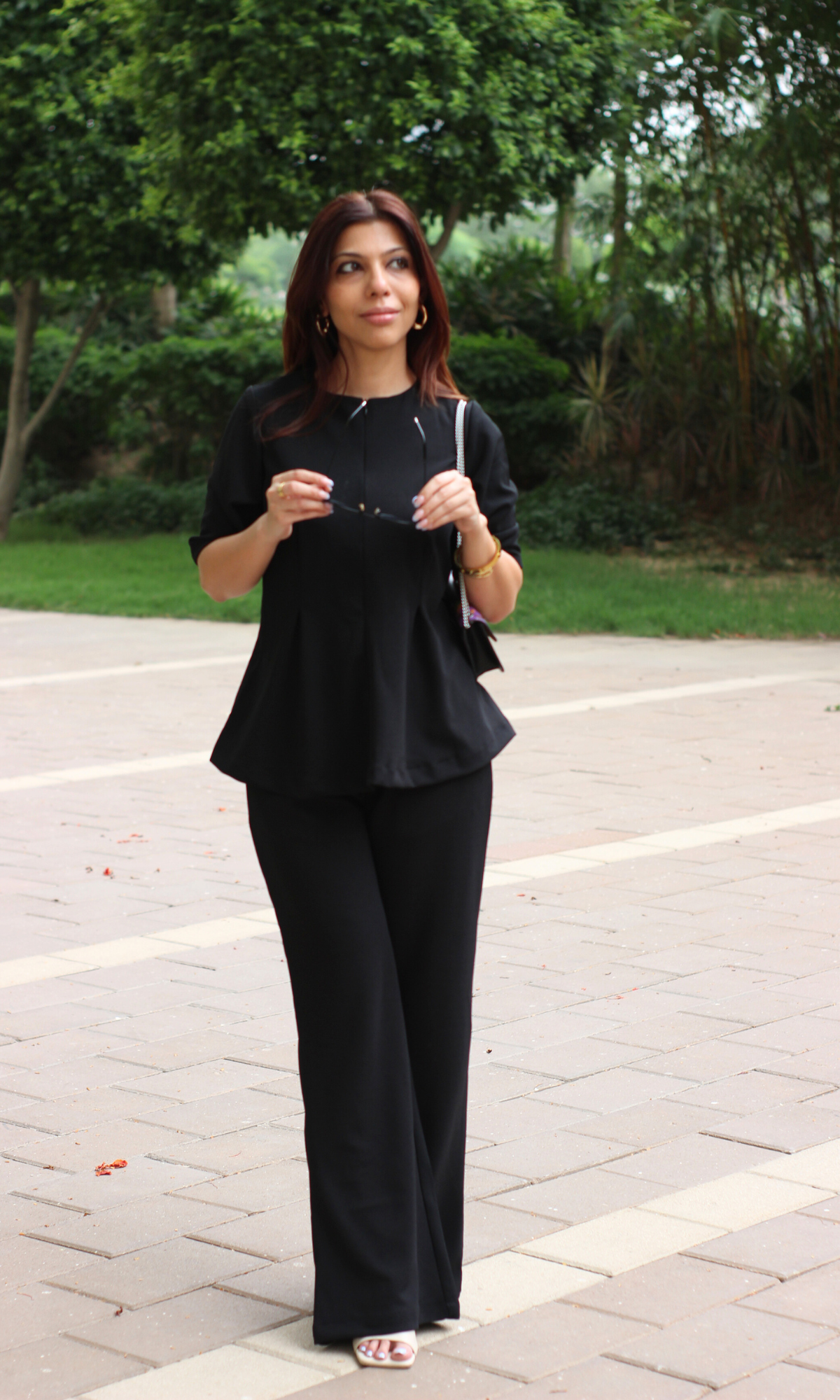 Black Sleeved Sleek-Pleat Detail and Flared Pants Co-ord