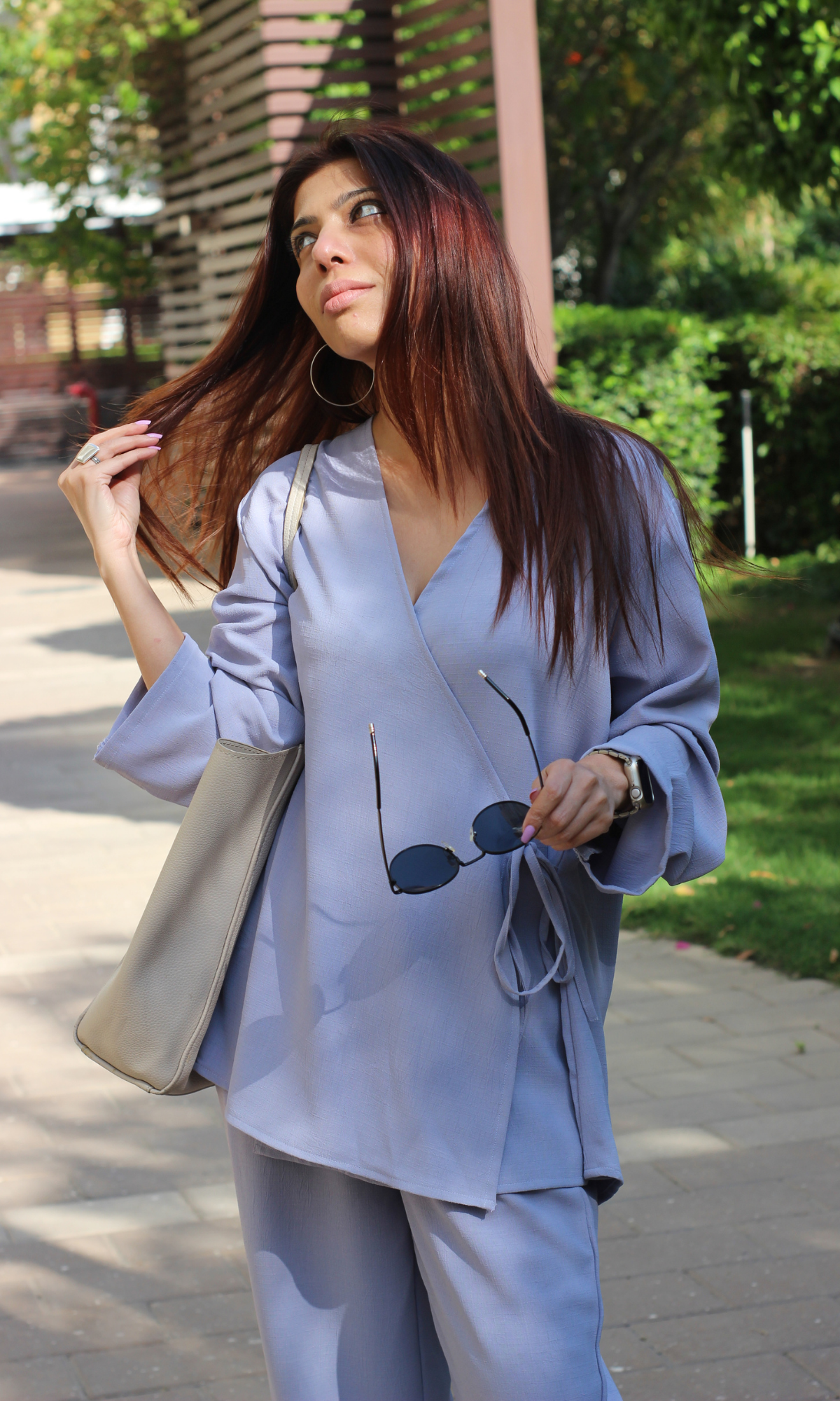 Lavender Blue Textured Tie Detail Kimono Top with Pants Co-ord