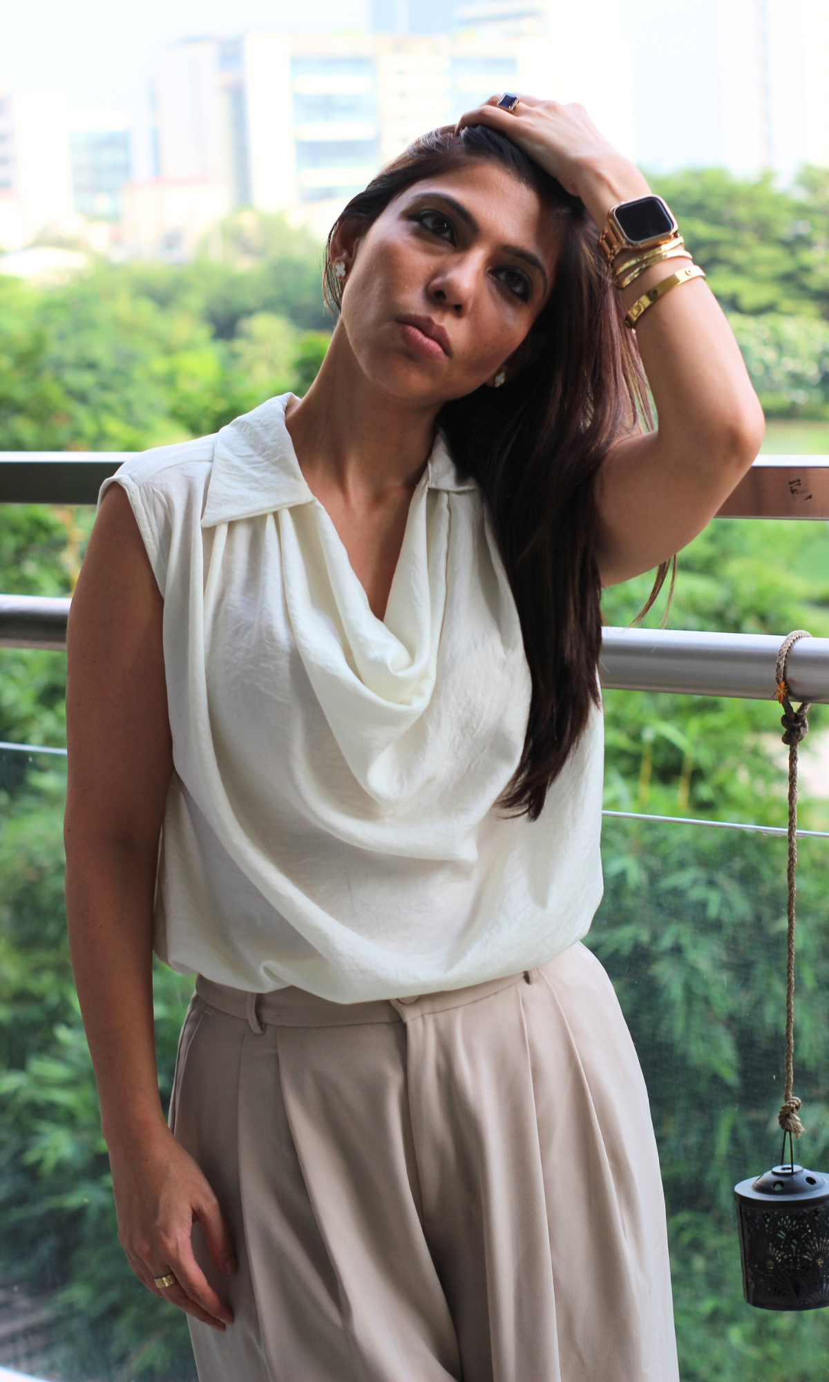Pearl Mist Collared Cowl Neck Top
