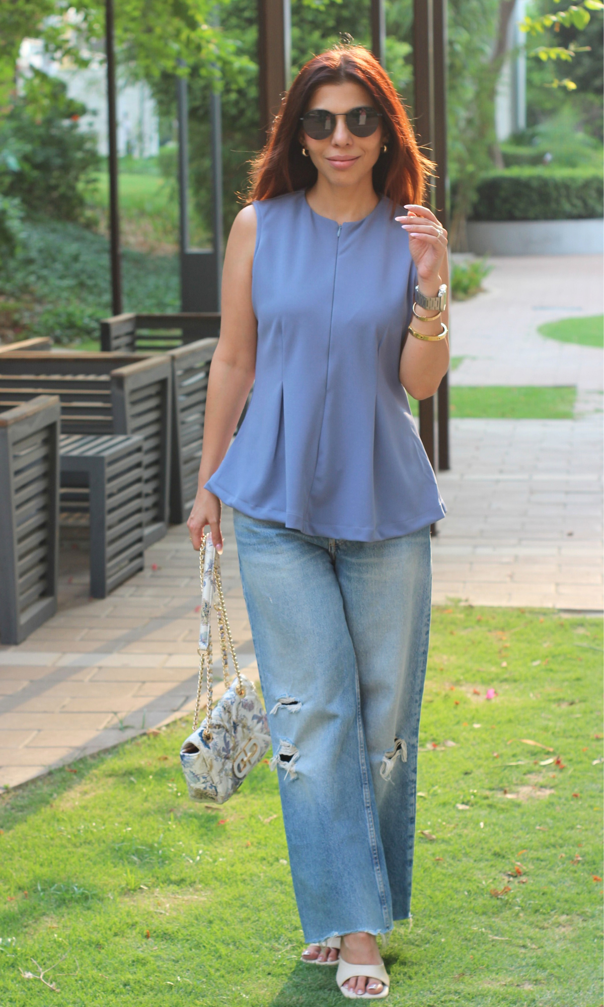 English Blue Sleek-Pleat Detail Top