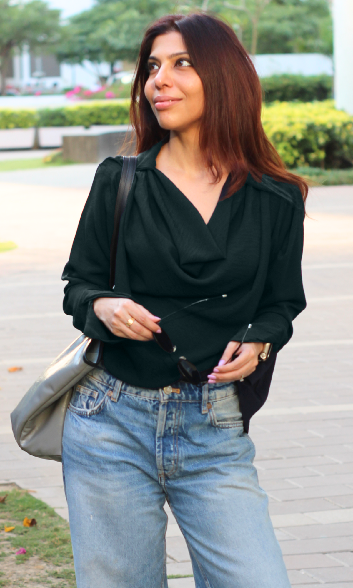 Deep Sea Green Collared Cowl Neck Top