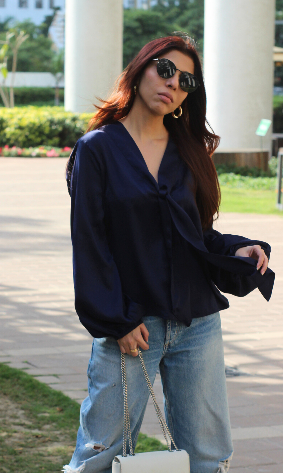 Navy Tie Detail Balloon Sleeved Top