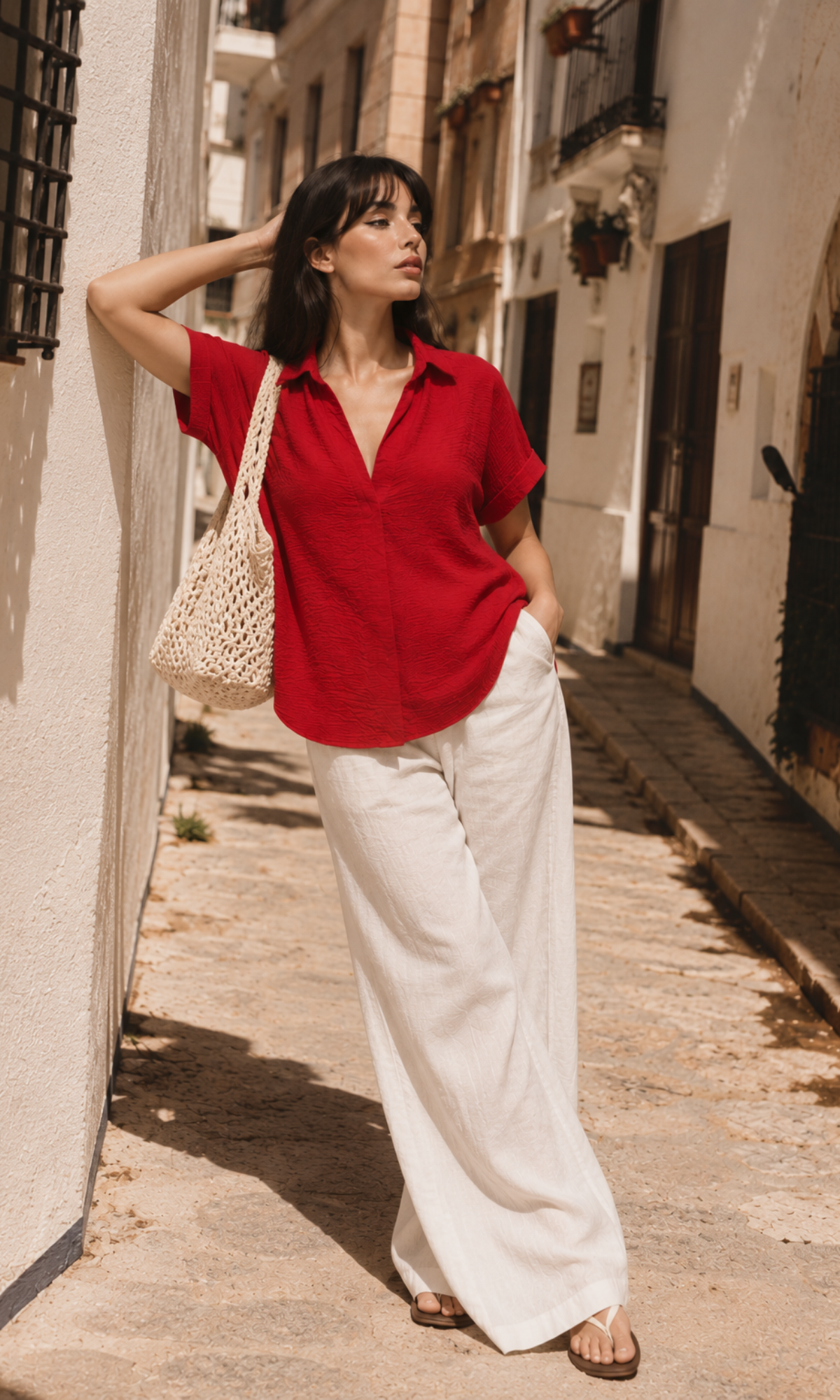 Poppy Red Gathered V-Neck Top