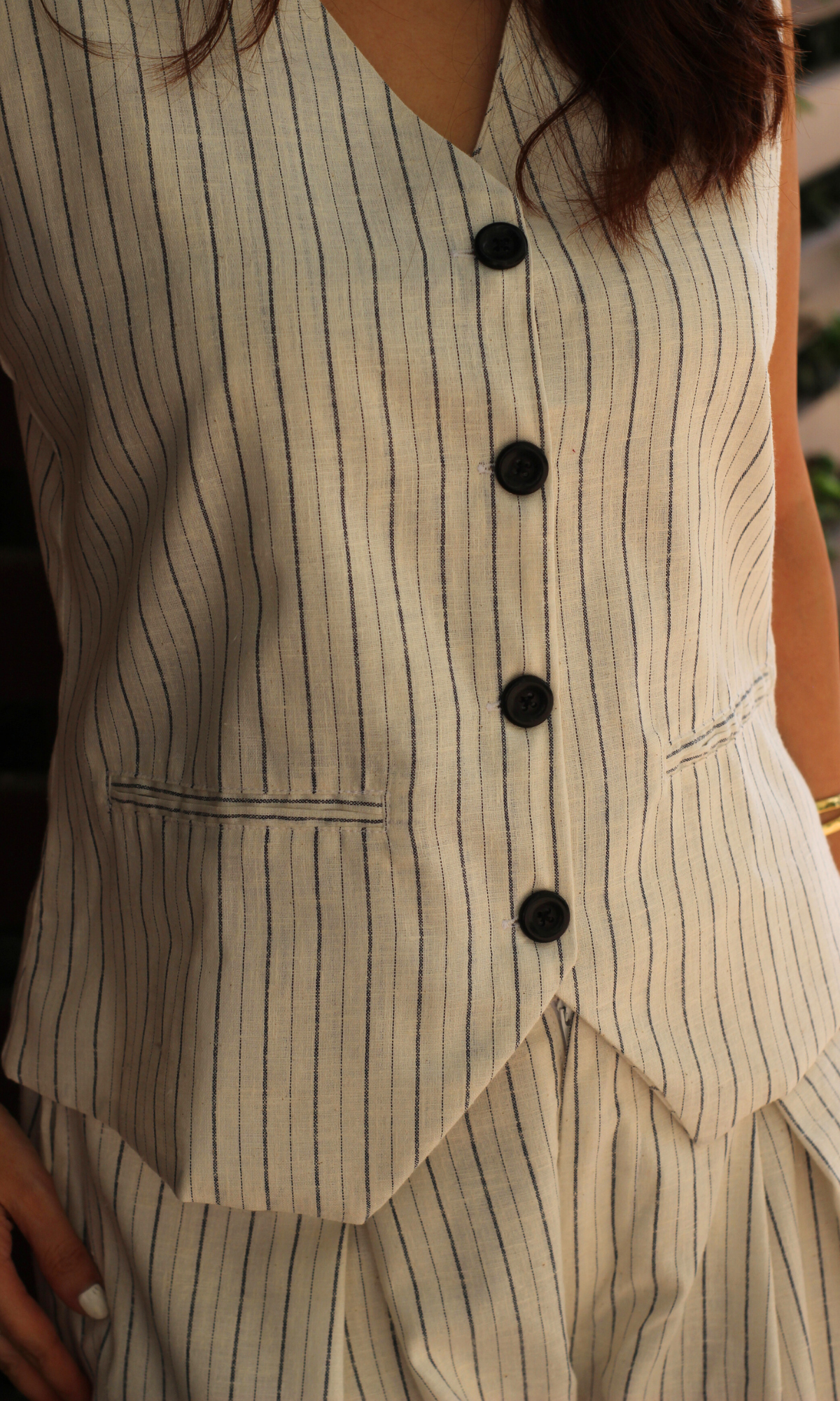 Cotton White Pinstripe Waistcoat with Flowy Wide-leg Trousers