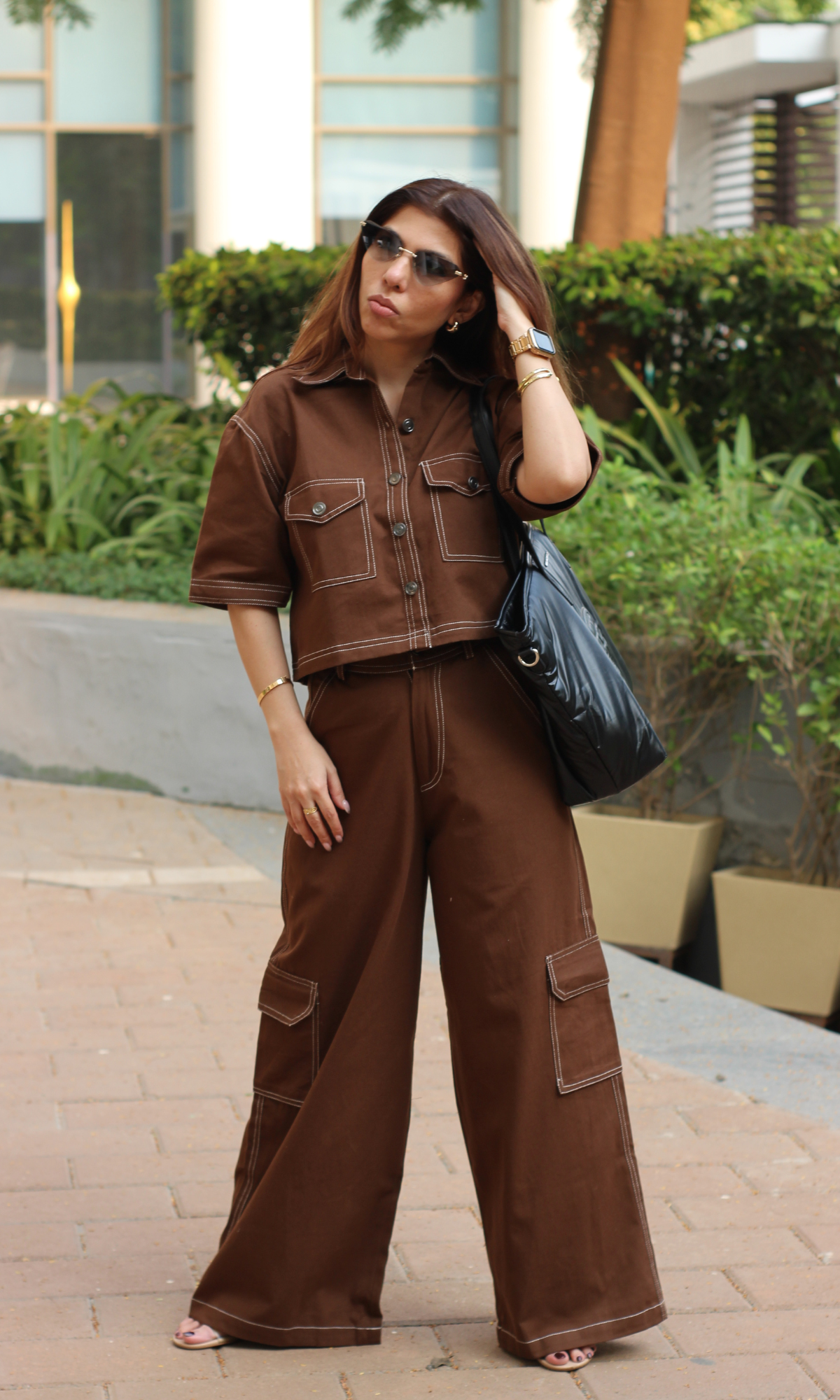 Brown Cropped Shirt with Cargo Pants