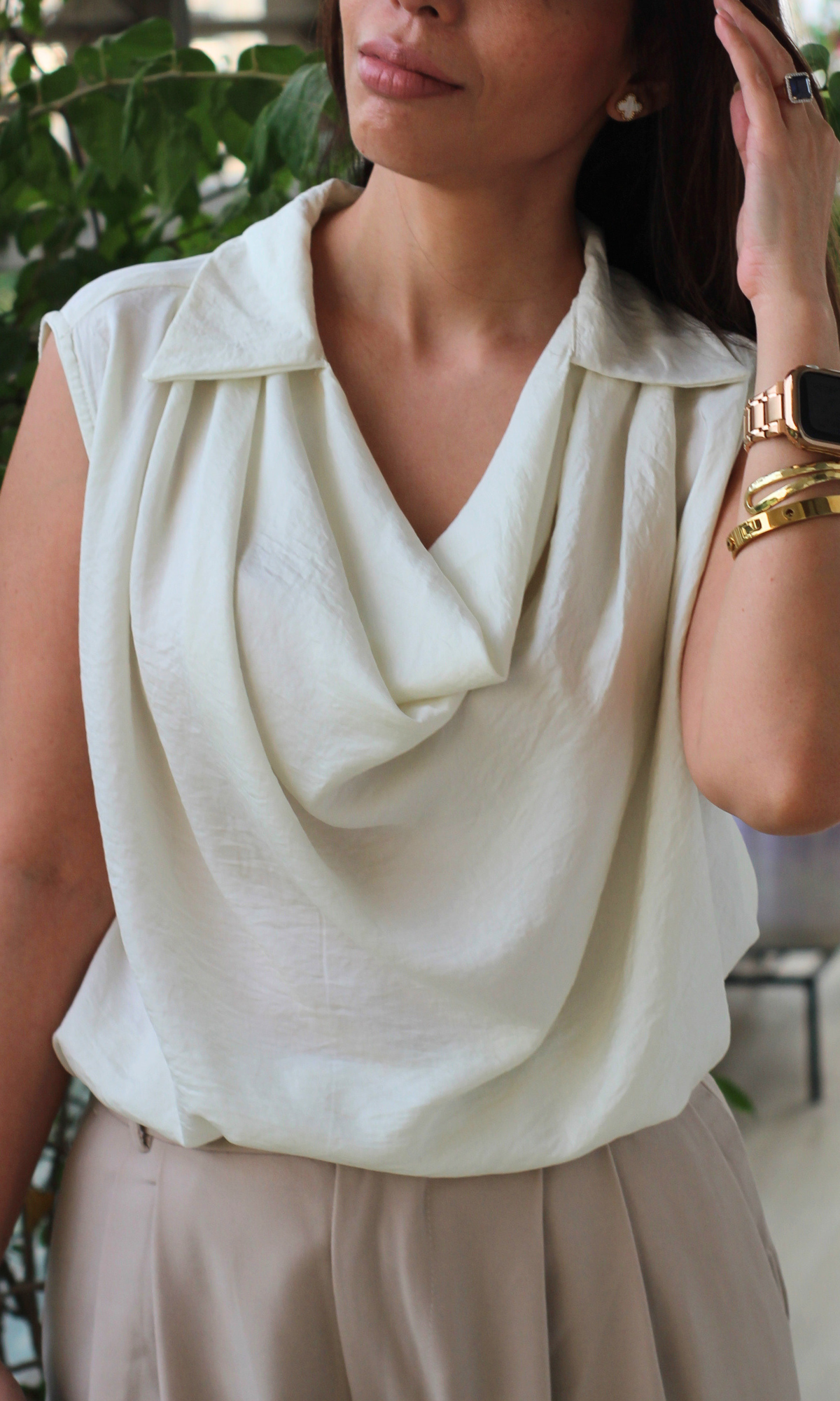 Pearl Mist Collared Cowl Neck Top