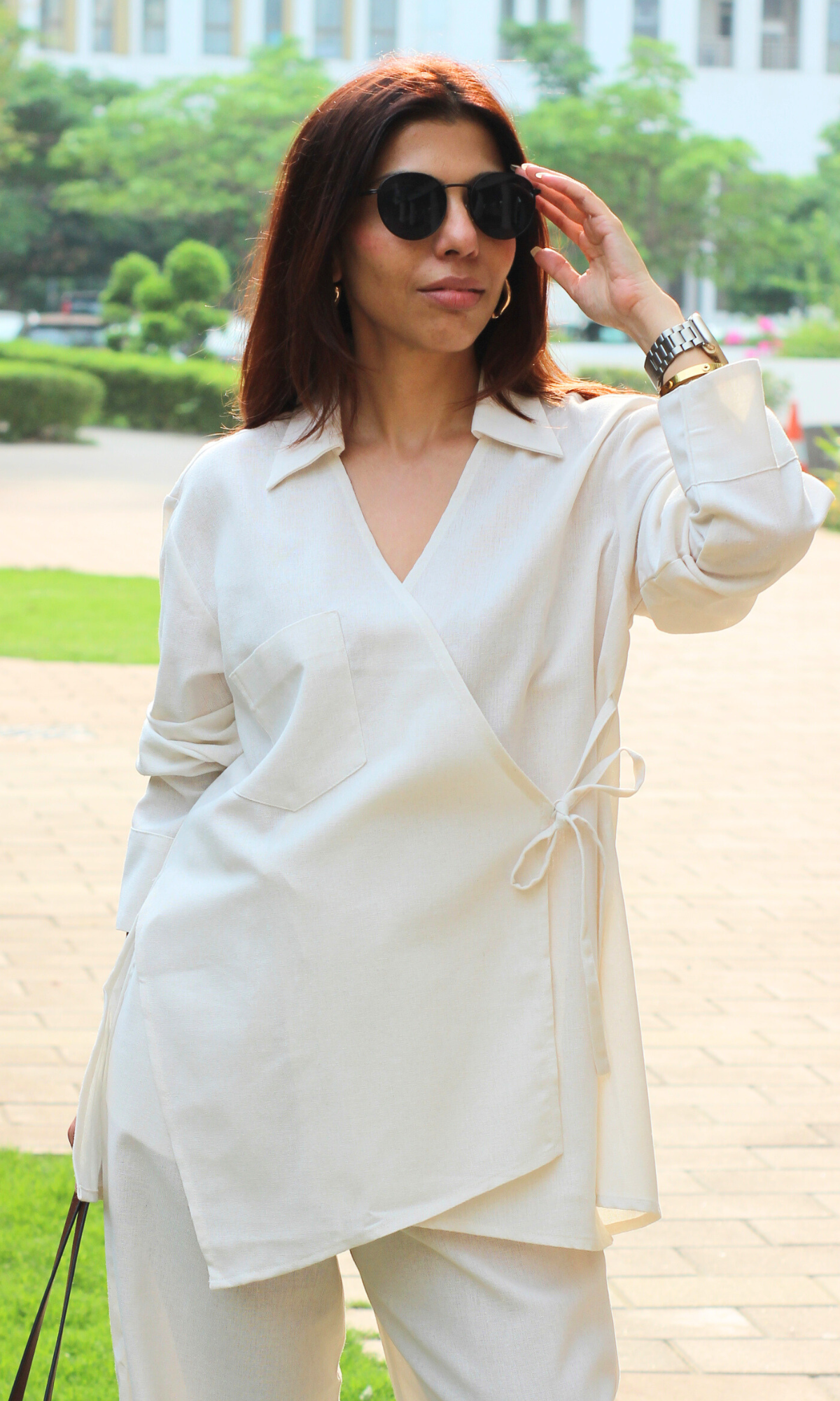 Ivory Linen Cuts Detail Kimono Top with Pants