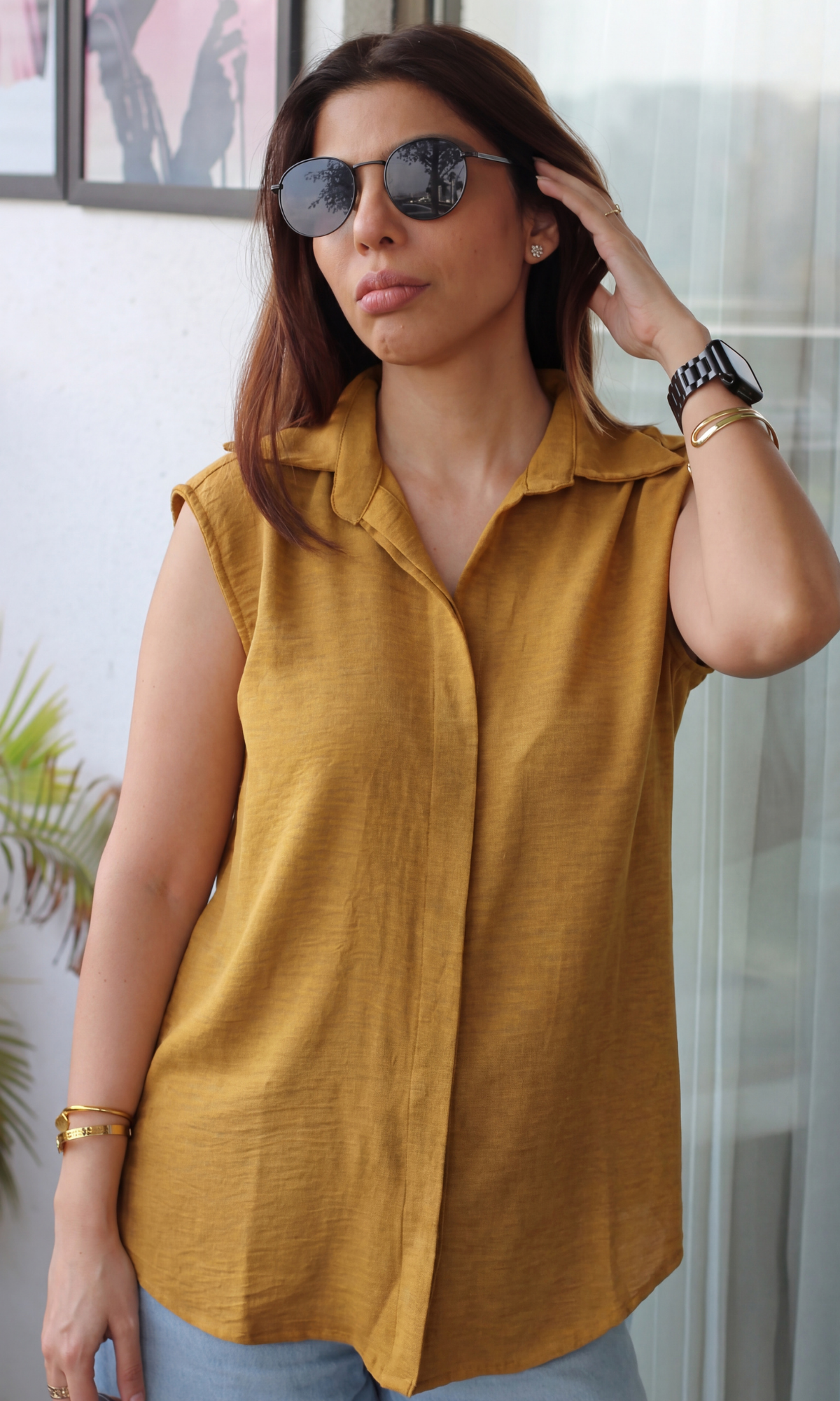 Mustard Flowing Sleeveless Shirt
