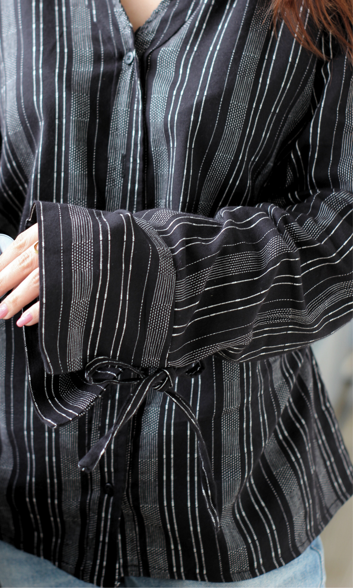 Black Striped String Detail Cotton Shirt