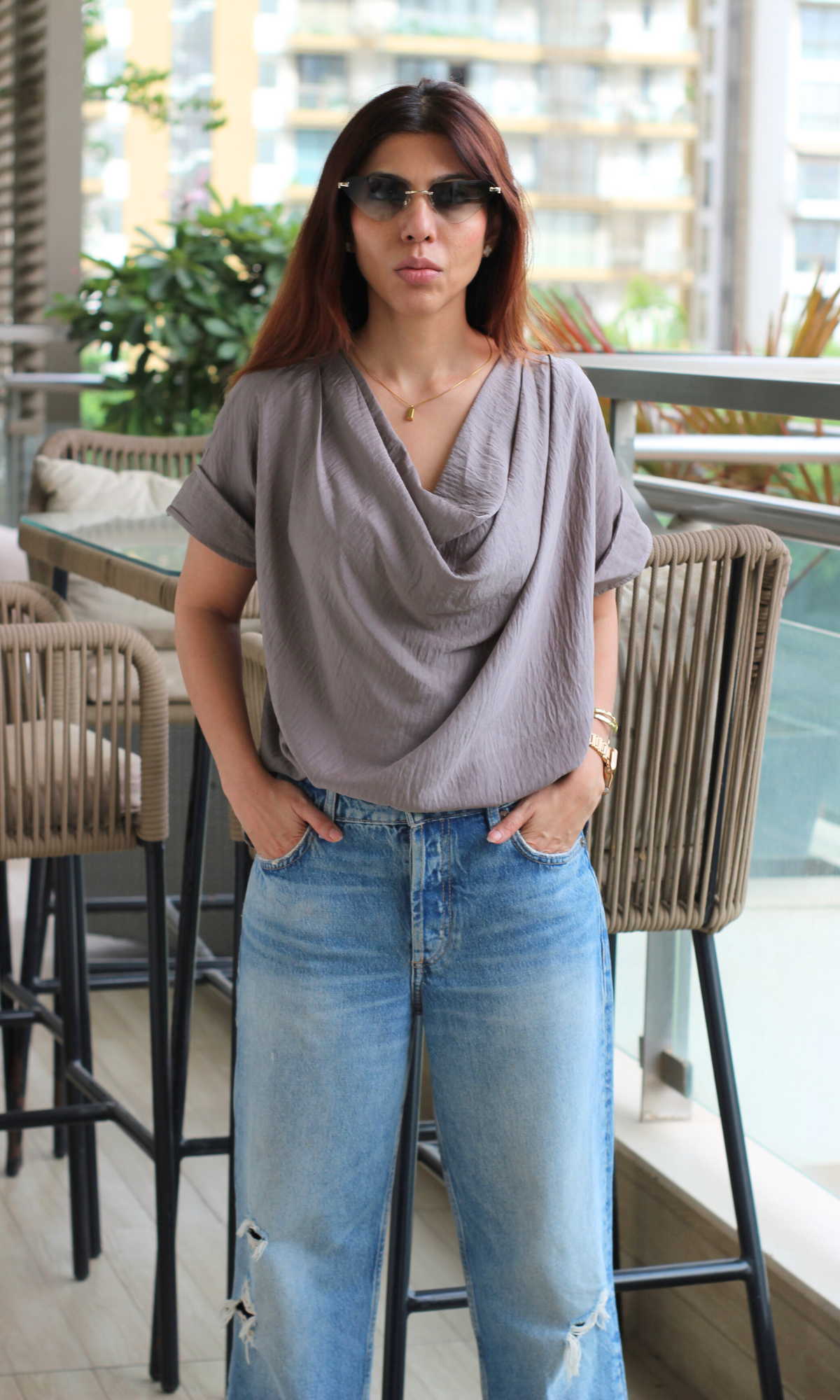 Stone Taupe Cowl Neck Top