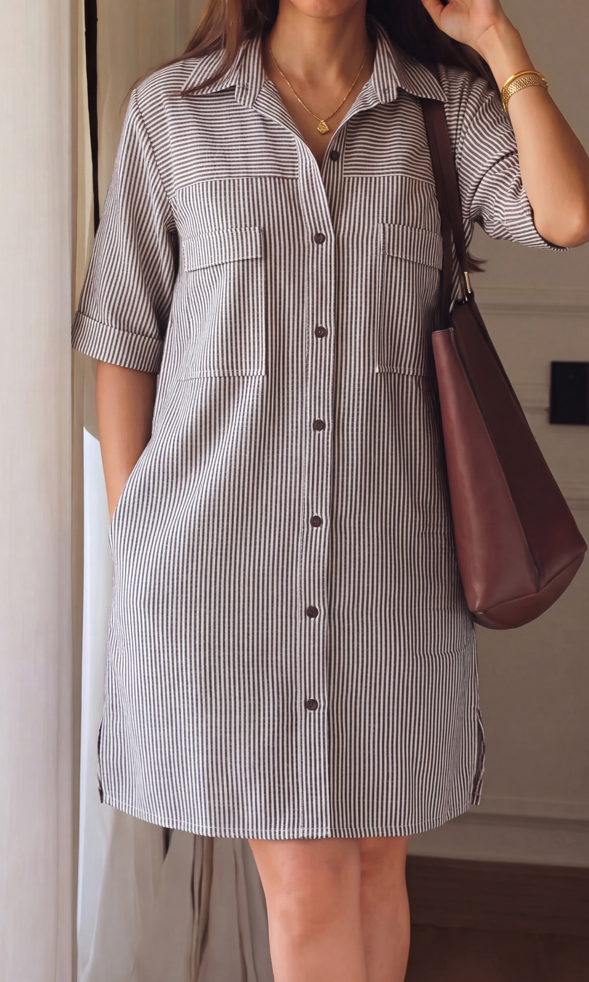 Dual Flap Pocket Pinstripe Shirt Dress